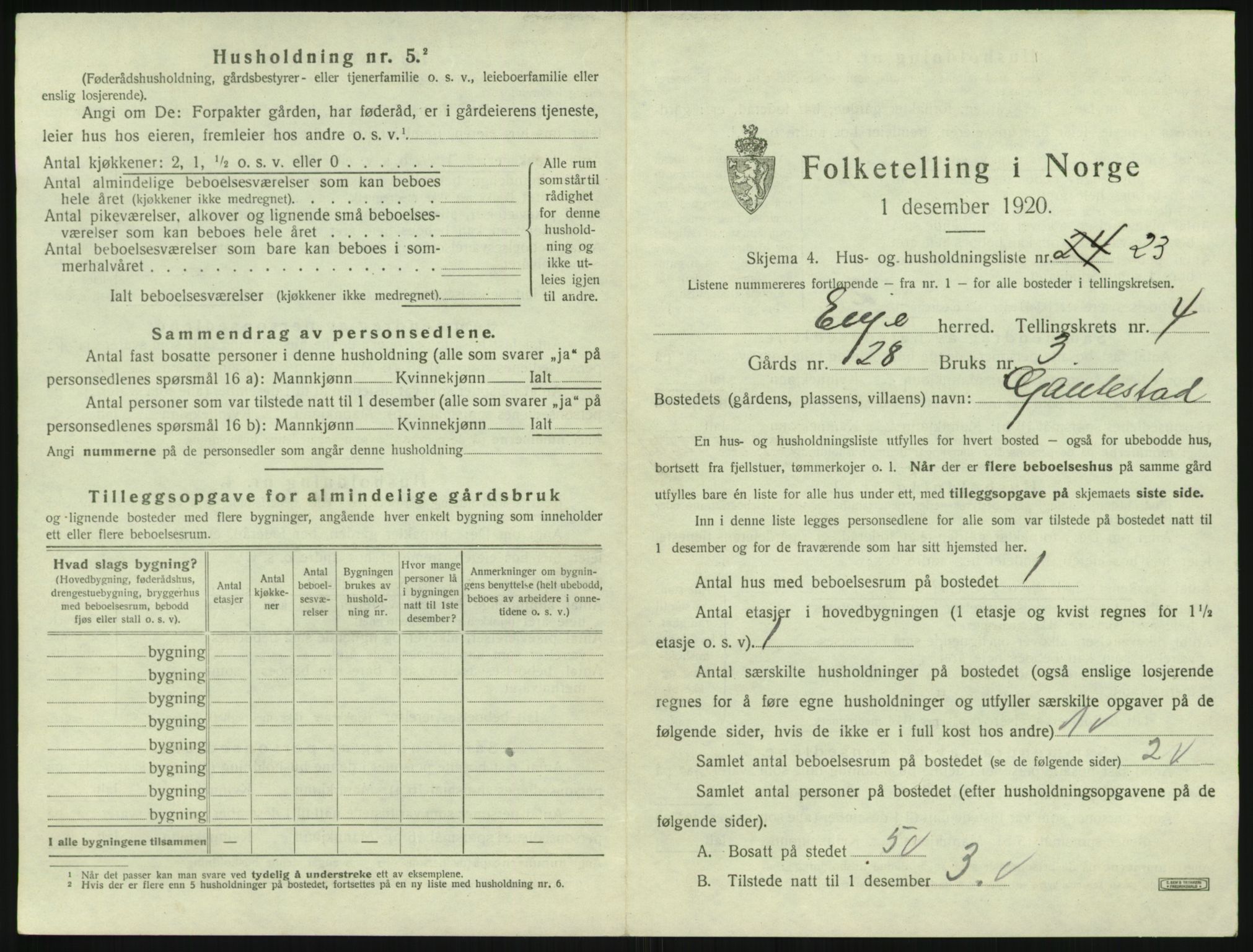 SAK, 1920 census for Evje, 1920, p. 206