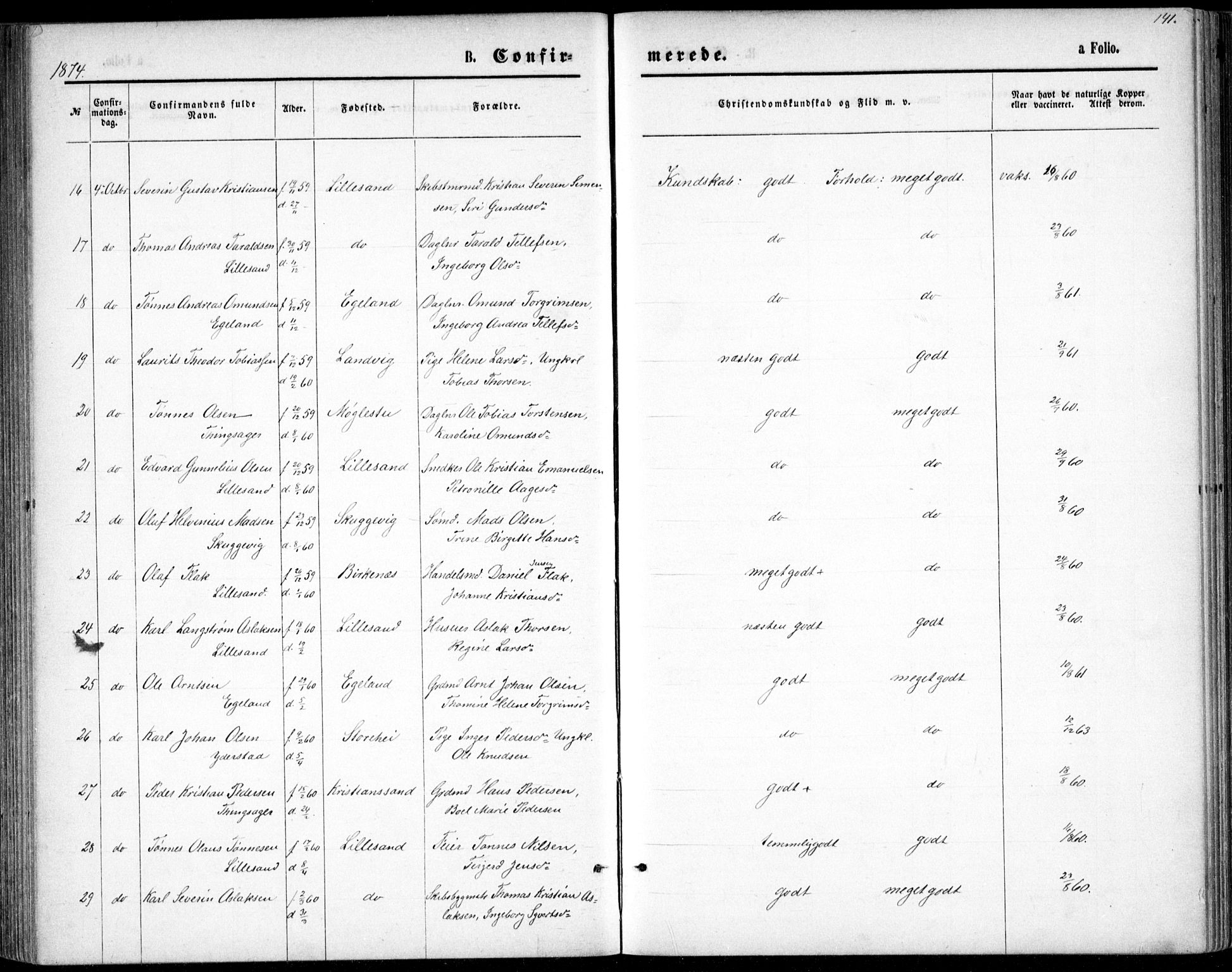 Vestre Moland sokneprestkontor, AV/SAK-1111-0046/F/Fb/Fbb/L0005: Parish register (copy) no. B 5, 1872-1883, p. 141