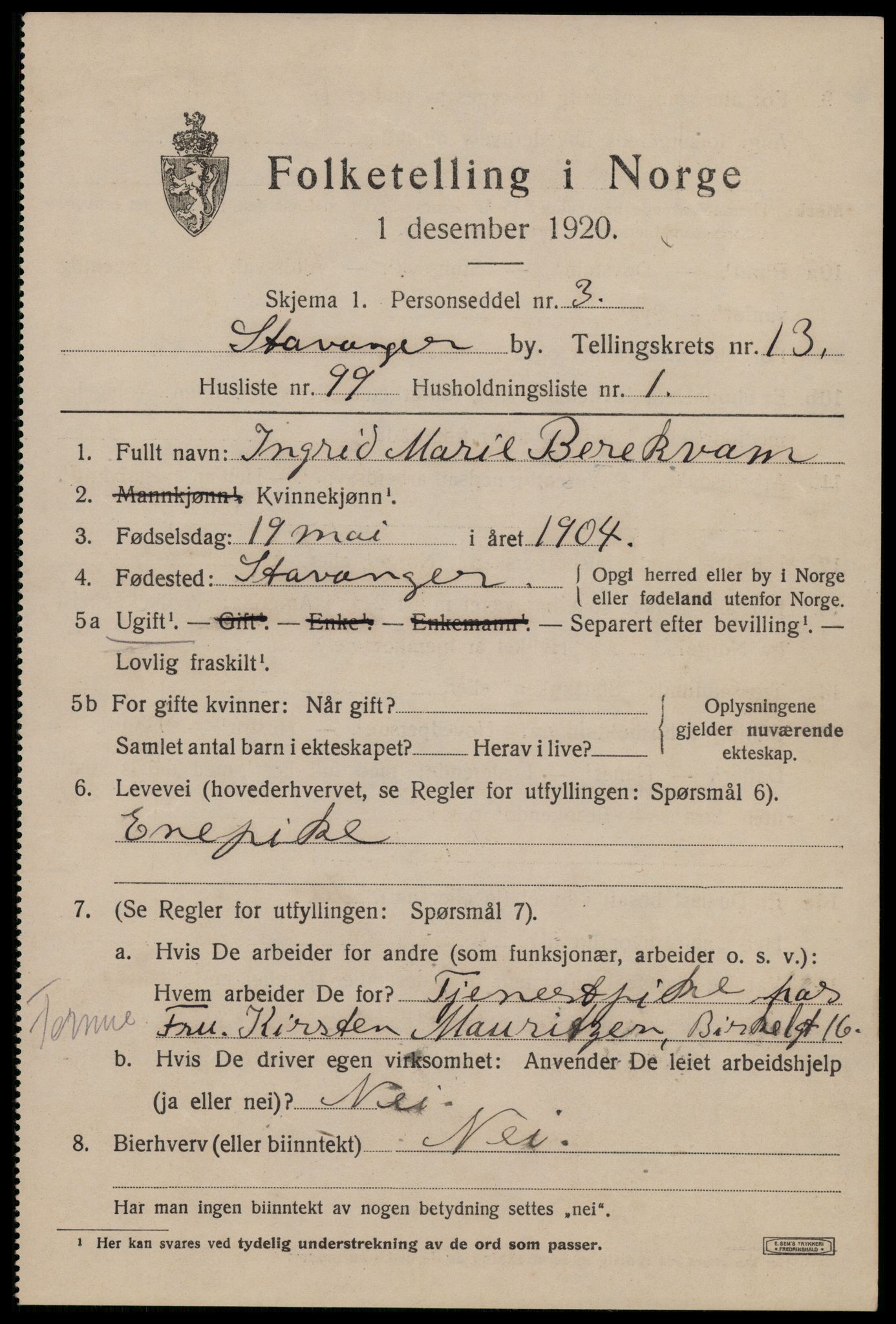 SAST, 1920 census for Stavanger, 1920, p. 59438