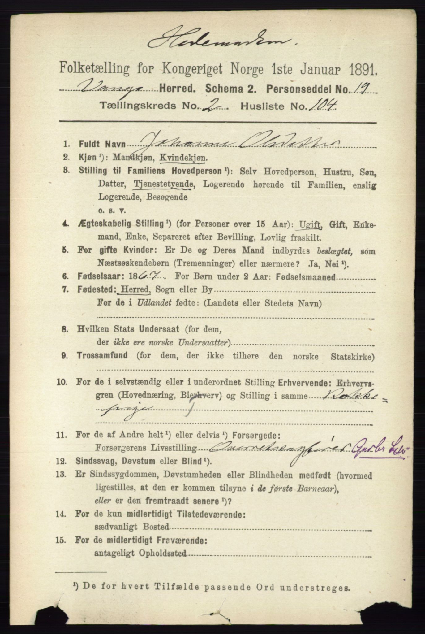 RA, 1891 census for 0414 Vang, 1891, p. 1745