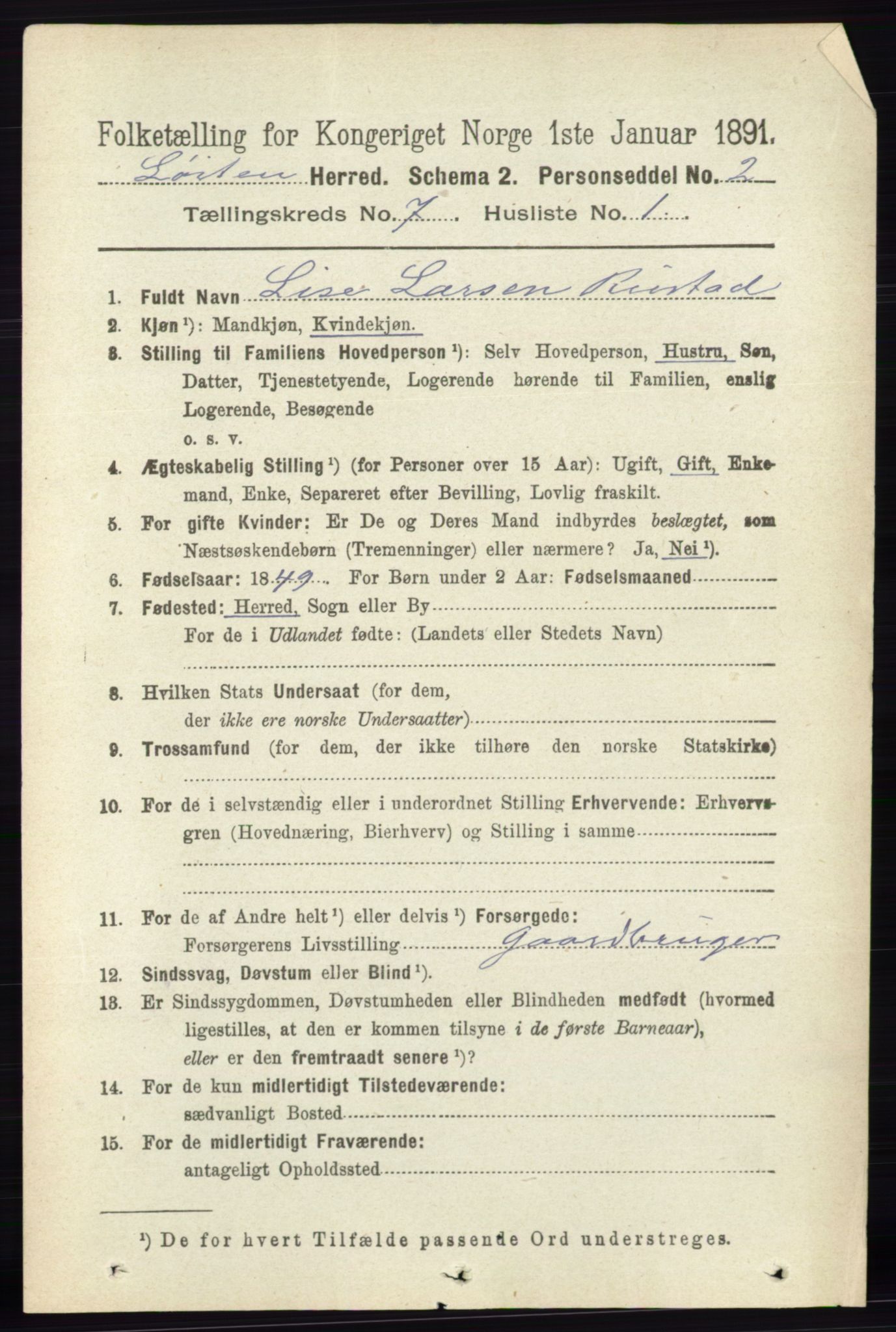 RA, 1891 census for 0415 Løten, 1891, p. 4409