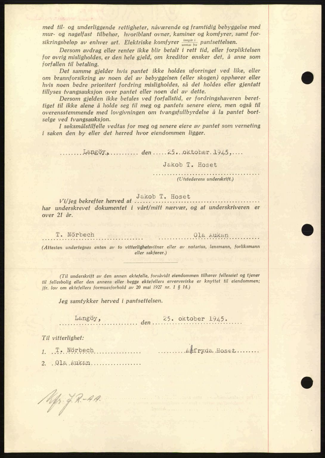 Nordmøre sorenskriveri, AV/SAT-A-4132/1/2/2Ca: Mortgage book no. B93a, 1945-1945, Diary no: : 1435/1945