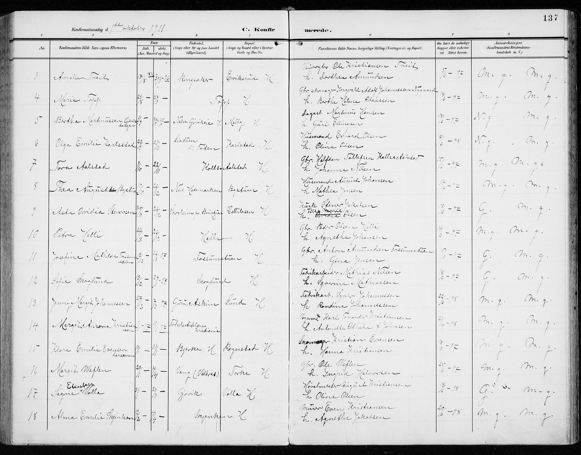 Vardal prestekontor, AV/SAH-PREST-100/H/Ha/Haa/L0016: Parish register (official) no. 16, 1904-1916, p. 137