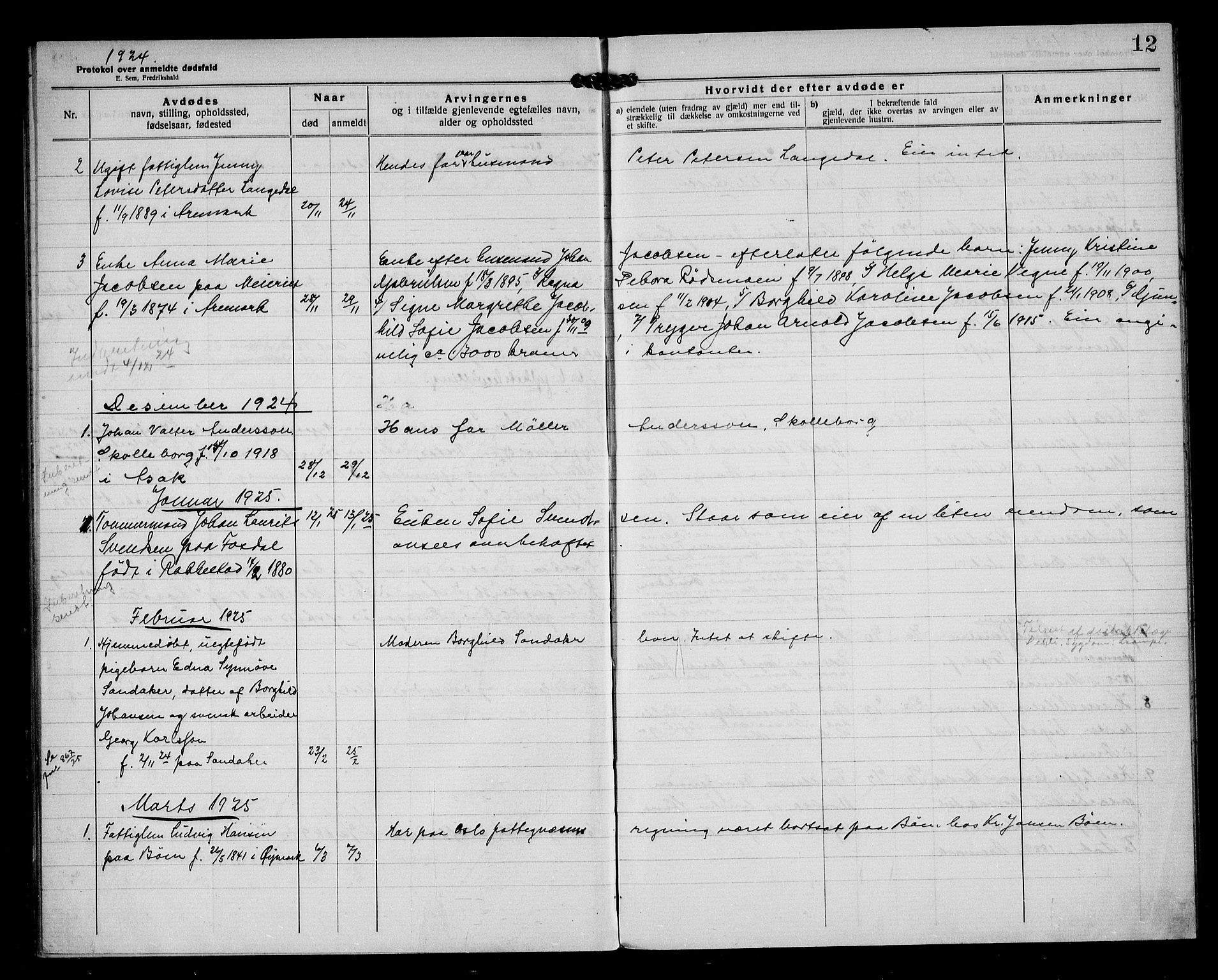 Aremark lensmannskontor, SAO/A-10631/H/Ha/L0004: Dødsfallsprotokoll, 1922-1933, p. 12