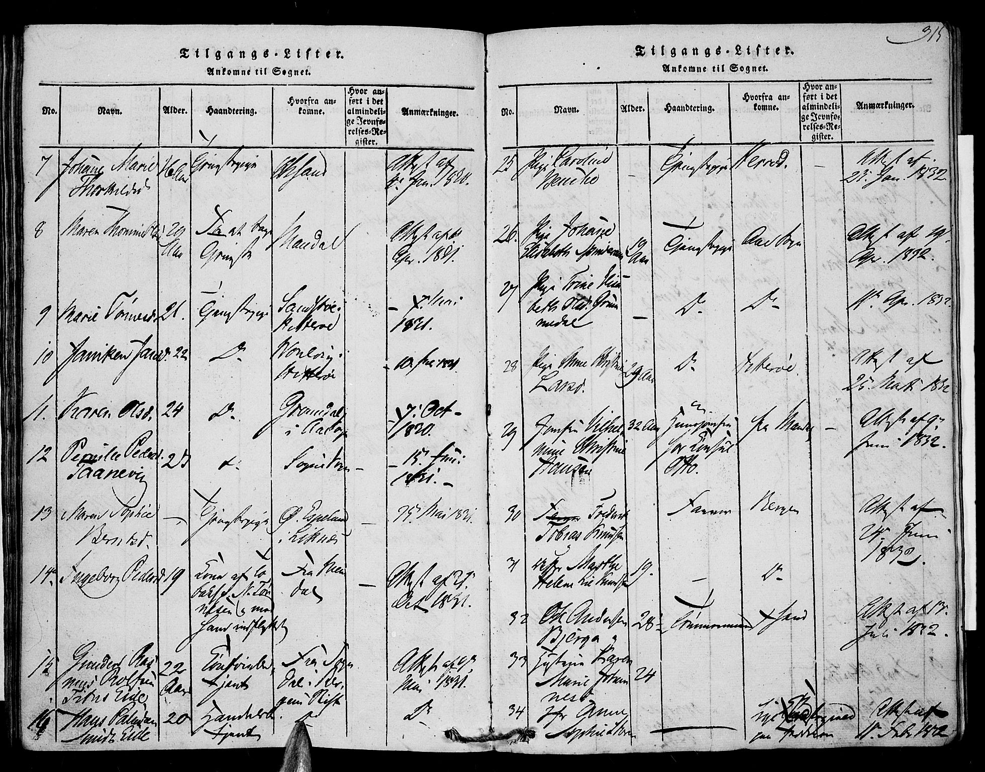 Farsund sokneprestkontor, SAK/1111-0009/F/Fa/L0002: Parish register (official) no. A 2, 1815-1836, p. 315