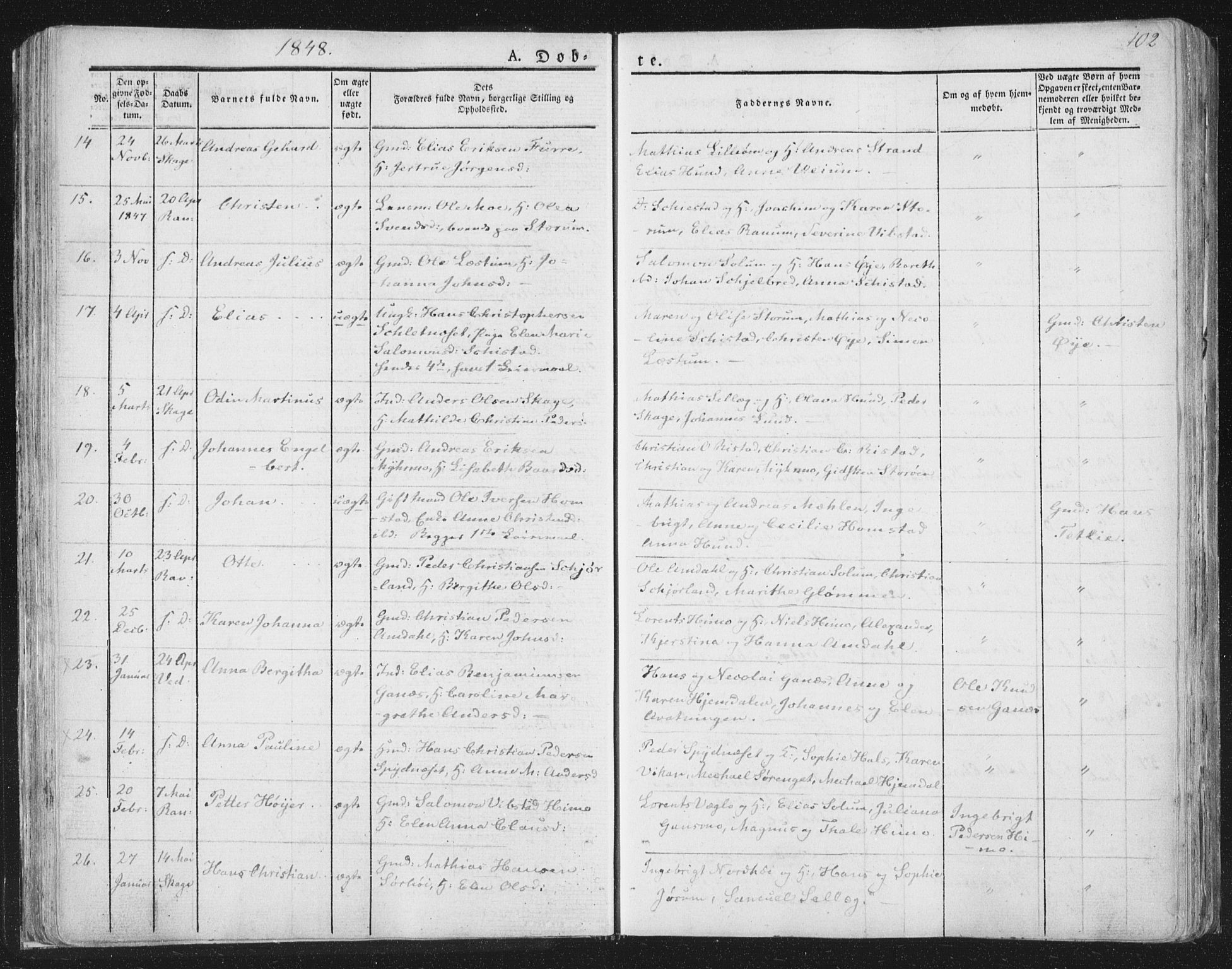 Ministerialprotokoller, klokkerbøker og fødselsregistre - Nord-Trøndelag, AV/SAT-A-1458/764/L0551: Parish register (official) no. 764A07a, 1824-1864, p. 102