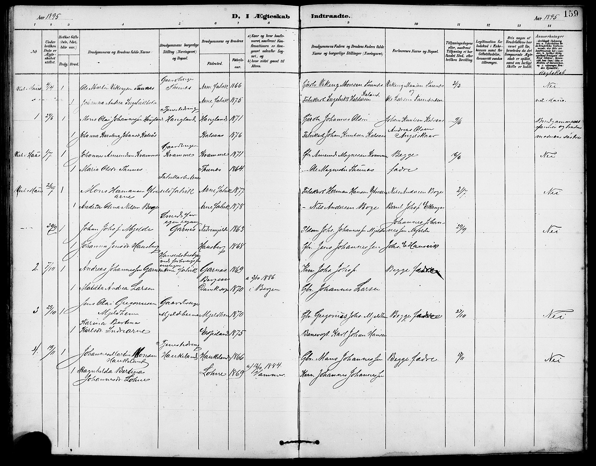Arna Sokneprestembete, SAB/A-74001/H/Ha/Hab: Parish register (copy) no. A 3, 1887-1897, p. 159