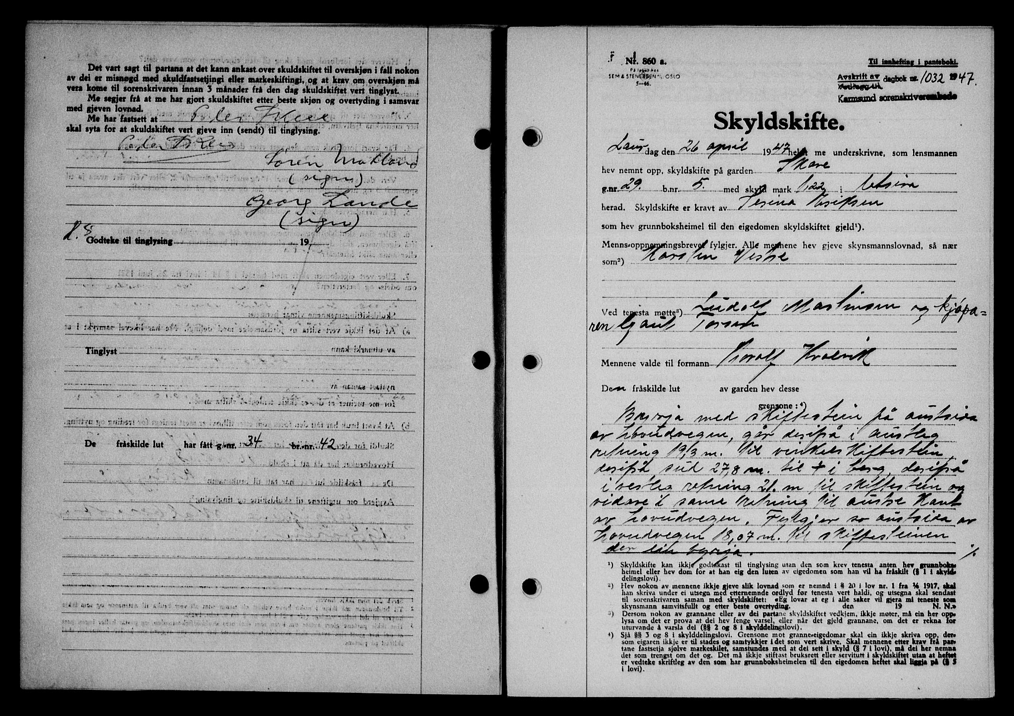 Karmsund sorenskriveri, AV/SAST-A-100311/01/II/IIB/L0089: Mortgage book no. 69A, 1947-1947, Diary no: : 1032/1947