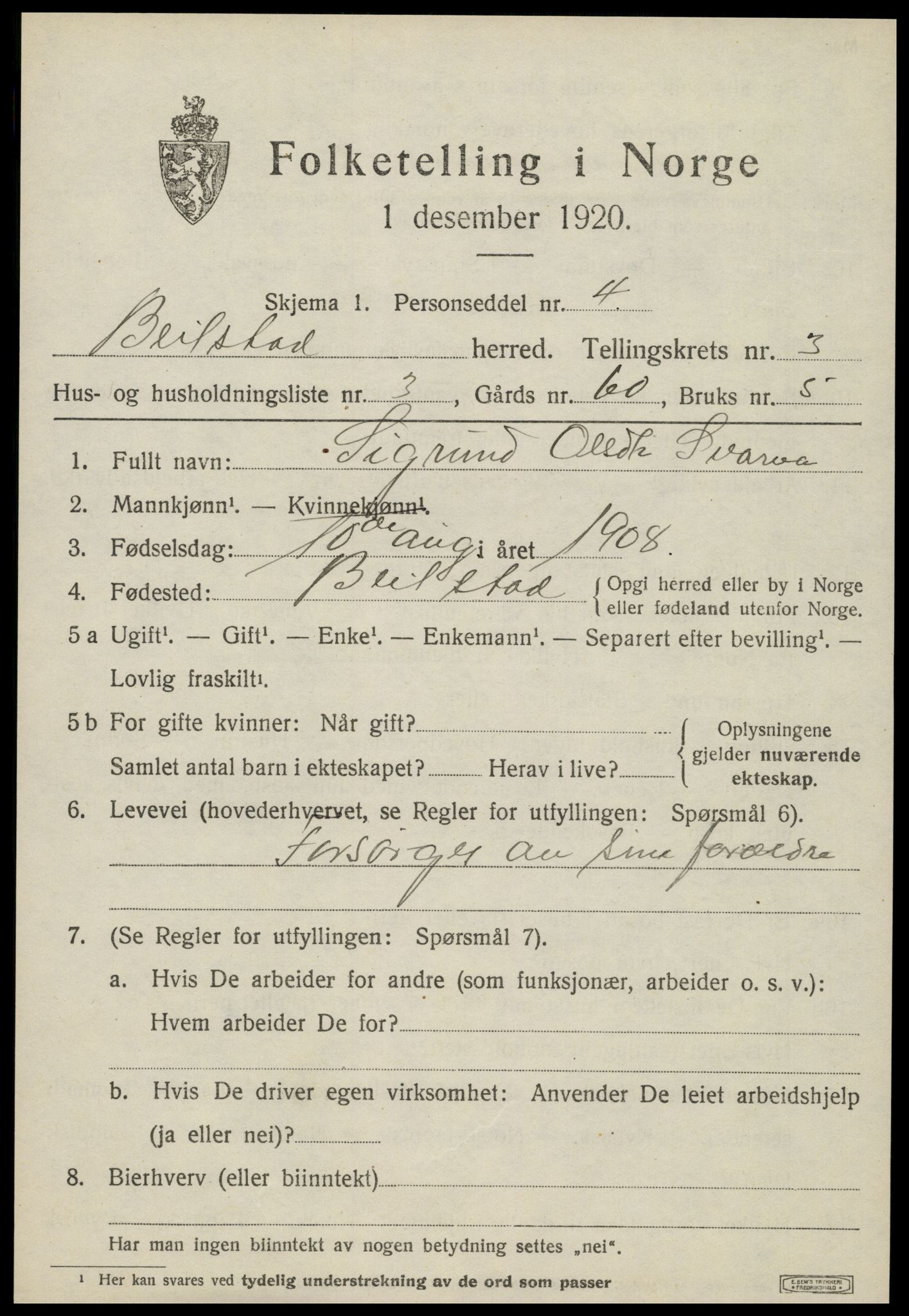 SAT, 1920 census for Beitstad, 1920, p. 2395