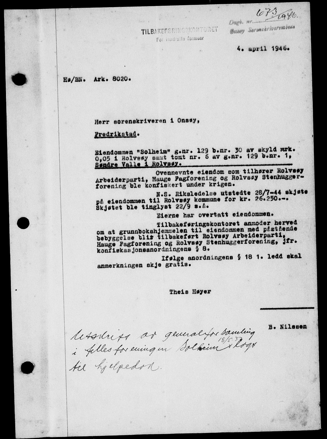 Onsøy sorenskriveri, SAO/A-10474/G/Ga/Gab/L0016: Mortgage book no. II A-16, 1946-1946, Diary no: : 673/1946