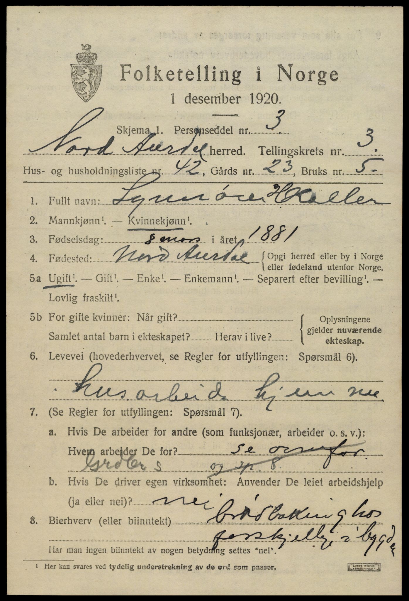 SAH, 1920 census for Nord-Aurdal, 1920, p. 3618