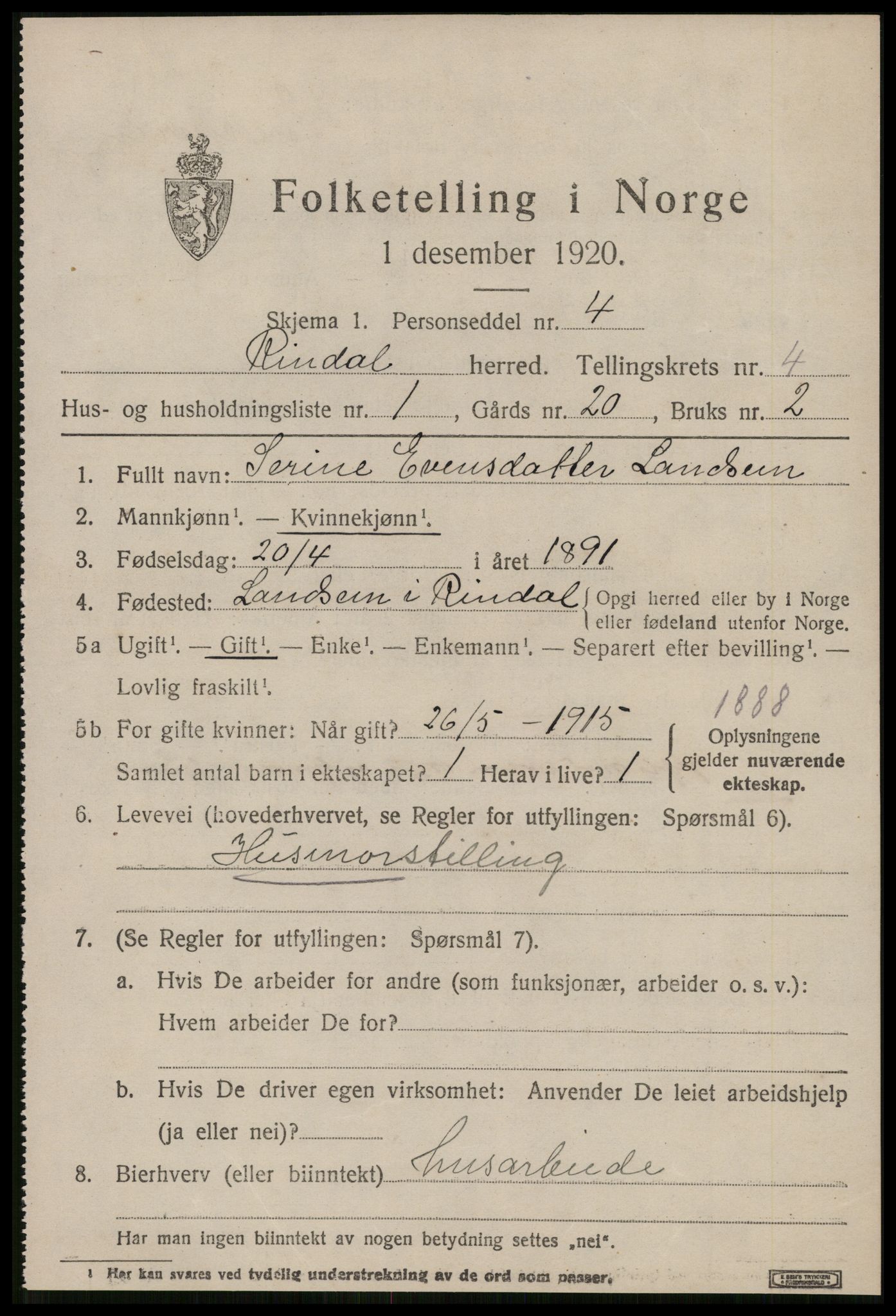 SAT, 1920 census for Rindal, 1920, p. 2316