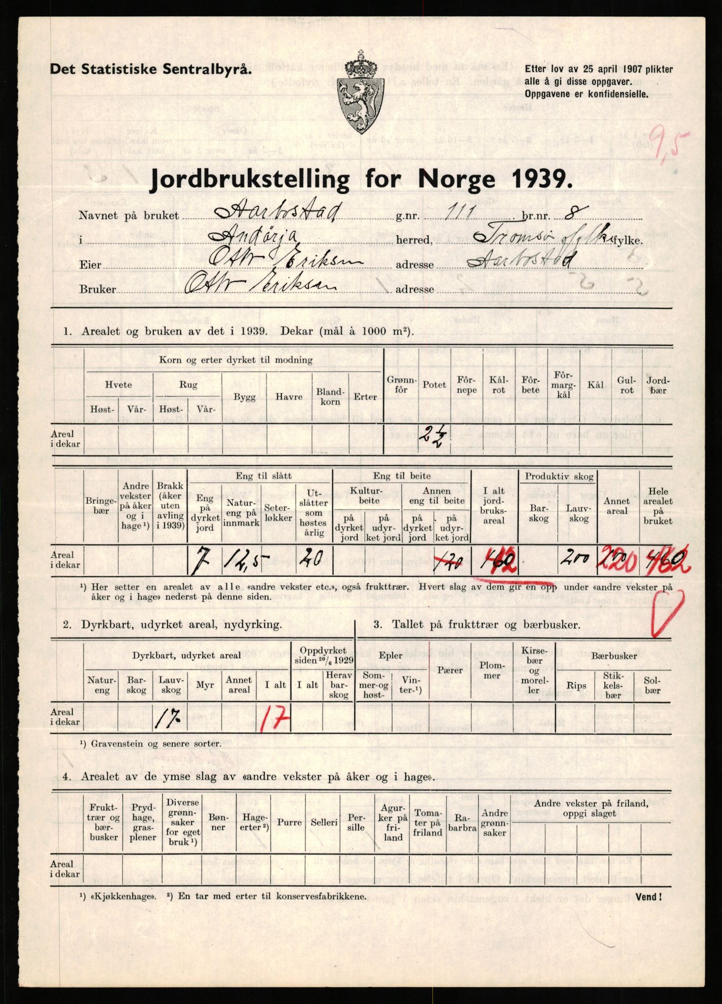 Statistisk sentralbyrå, Næringsøkonomiske emner, Jordbruk, skogbruk, jakt, fiske og fangst, AV/RA-S-2234/G/Gb/L0339: Troms: Andørja, Astafjord og Lavangen, 1939, p. 768