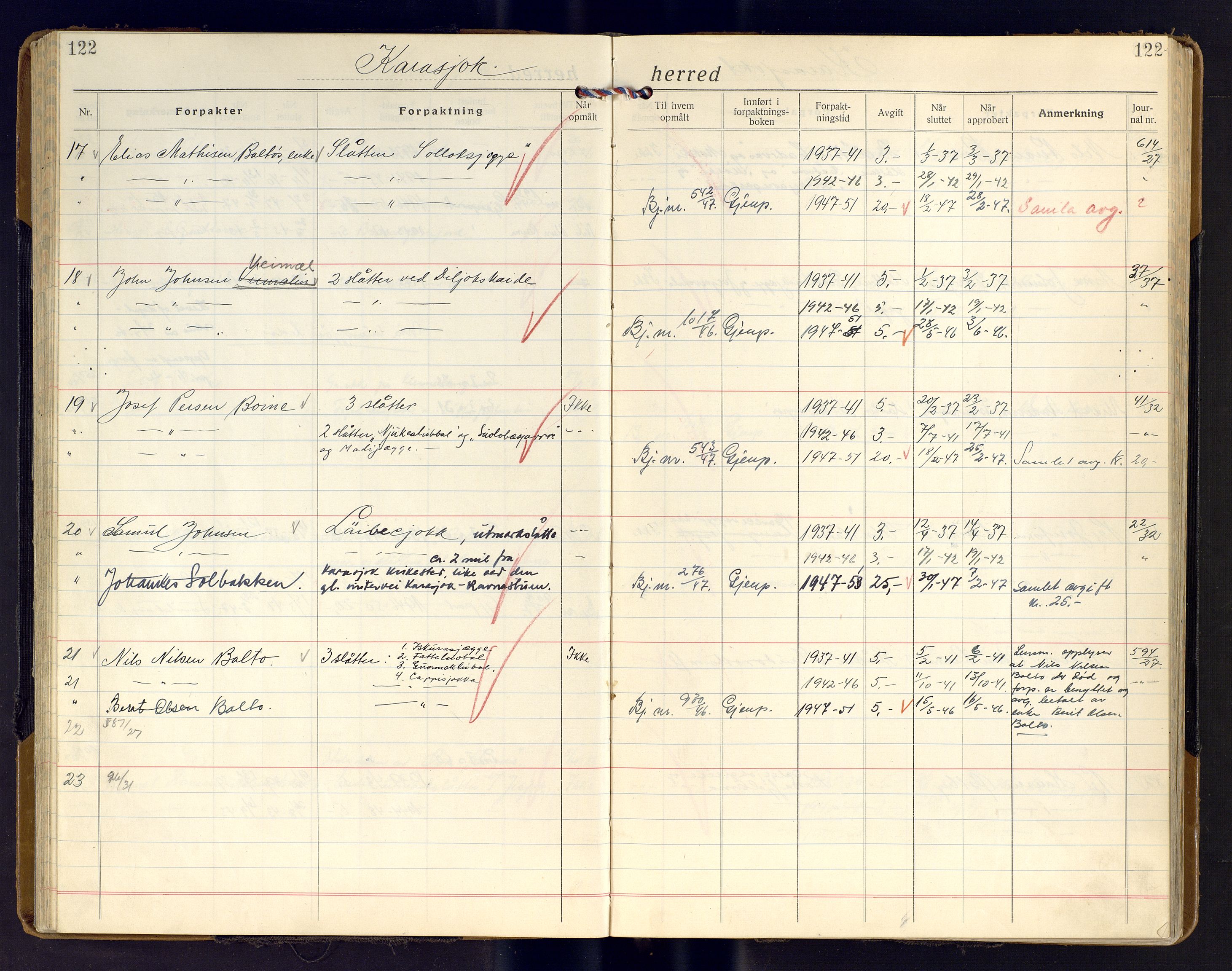 Finnmark jordsalgskommisjon/jordsalgskontor og Statskog SF Finnmark jordsalgskontor, AV/SATØ-S-1443/J/Ja/L0011: Forpaktningsbok for Finnmark II, 1921-1948, p. 122