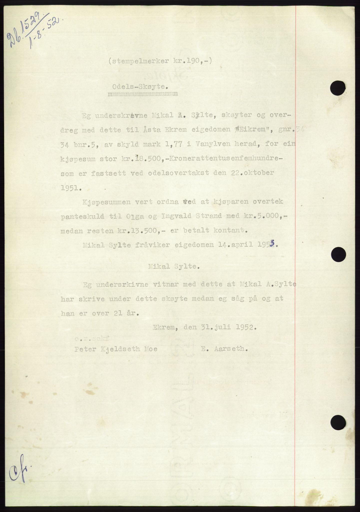 Søre Sunnmøre sorenskriveri, AV/SAT-A-4122/1/2/2C/L0092: Mortgage book no. 18A, 1952-1952, Diary no: : 1529/1952