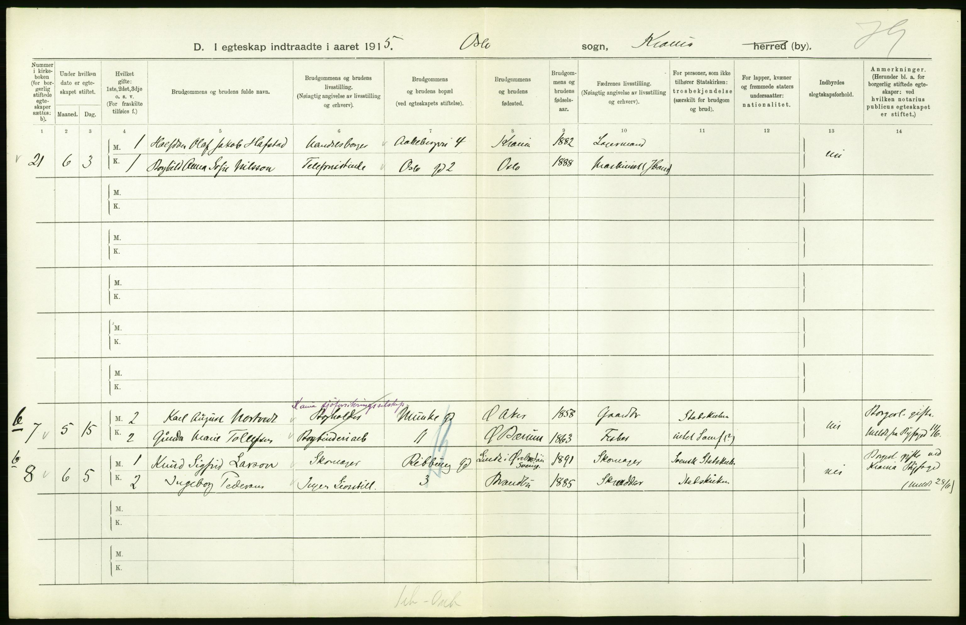 Statistisk sentralbyrå, Sosiodemografiske emner, Befolkning, AV/RA-S-2228/D/Df/Dfb/Dfbe/L0008: Kristiania: Gifte., 1915, p. 616