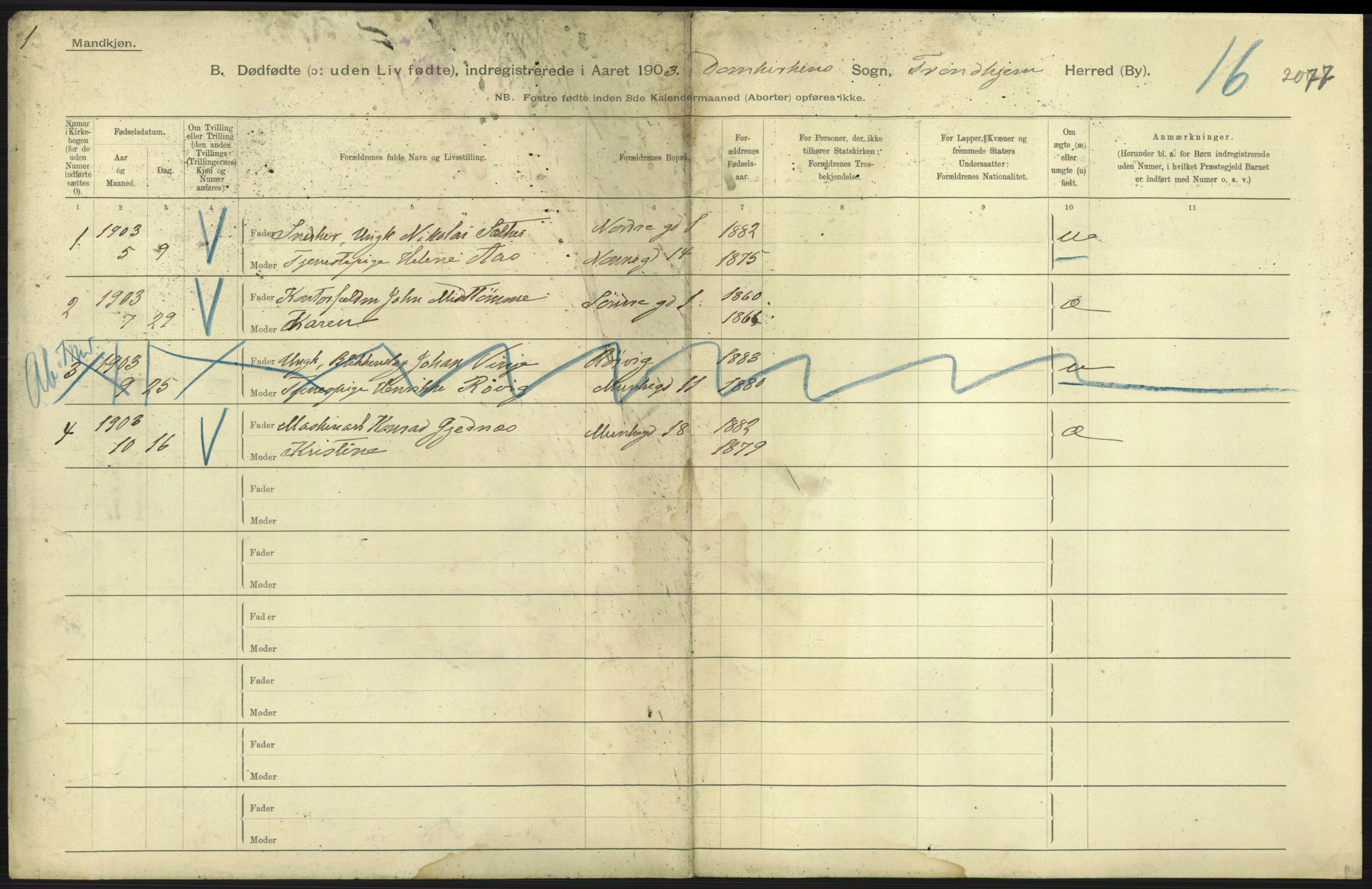 Statistisk sentralbyrå, Sosiodemografiske emner, Befolkning, RA/S-2228/D/Df/Dfa/Dfaa/L0026: Smålenenes - Finnmarkens amt: Dødfødte. Byer., 1903, p. 227