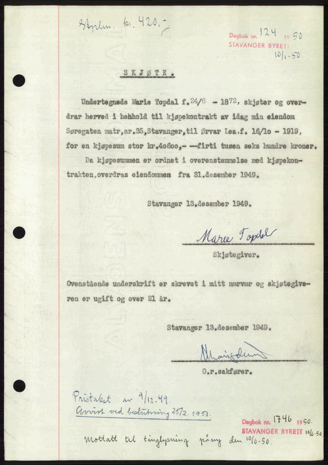 Stavanger byrett, SAST/A-100455/002/G/Gb/L0024: Mortgage book no. A13, 1949-1950, Diary no: : 1746/1950