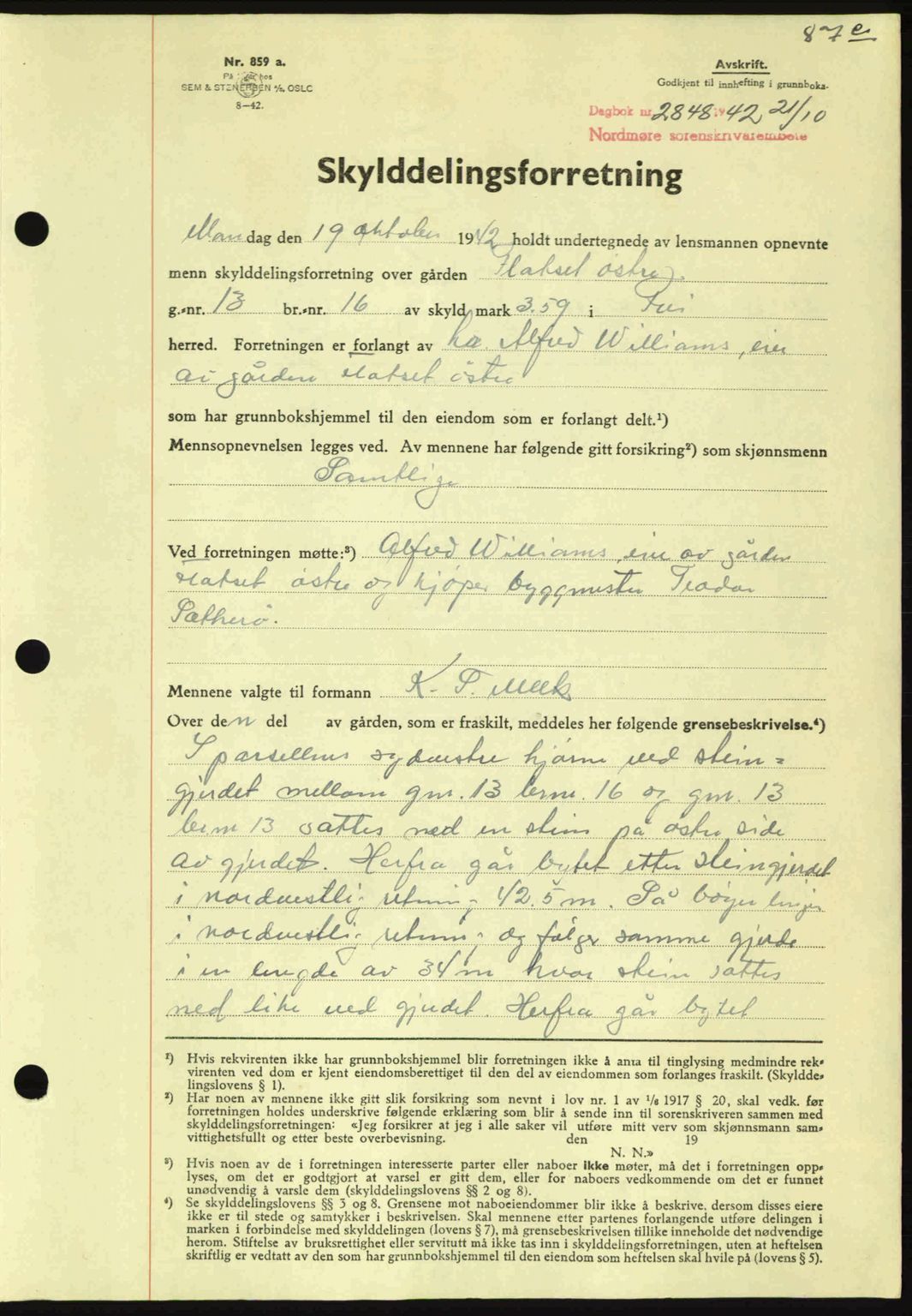 Nordmøre sorenskriveri, AV/SAT-A-4132/1/2/2Ca: Mortgage book no. A94, 1942-1943, Diary no: : 2848/1942