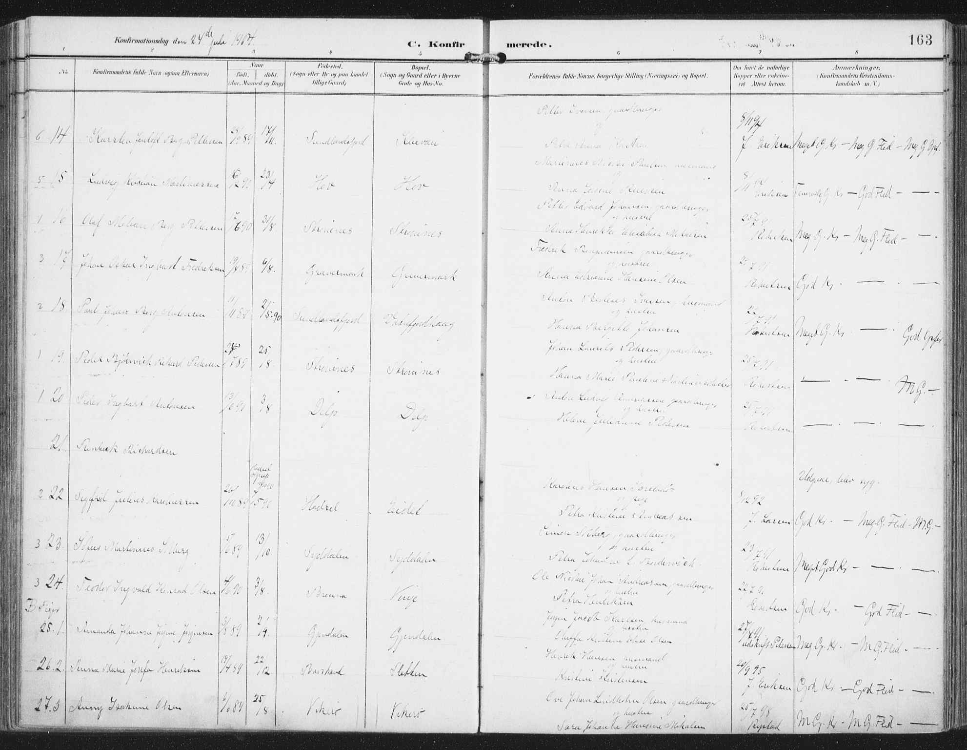 Ministerialprotokoller, klokkerbøker og fødselsregistre - Nordland, AV/SAT-A-1459/876/L1098: Parish register (official) no. 876A04, 1896-1915, p. 163