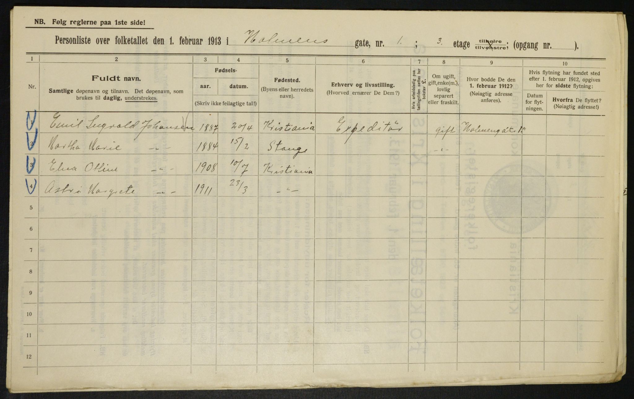 OBA, Municipal Census 1913 for Kristiania, 1913, p. 40640