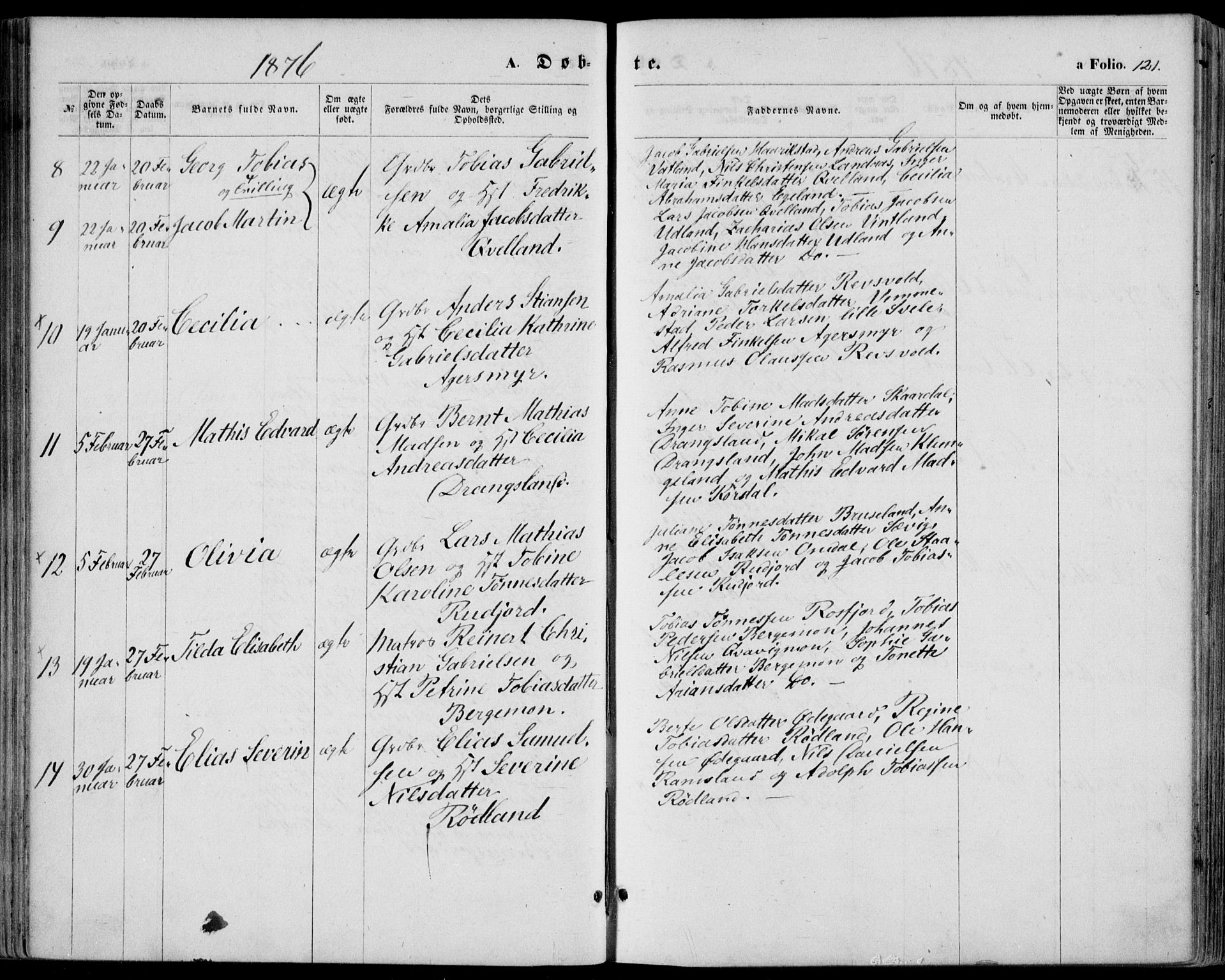 Lyngdal sokneprestkontor, SAK/1111-0029/F/Fa/Fac/L0010: Parish register (official) no. A 10, 1865-1878, p. 121