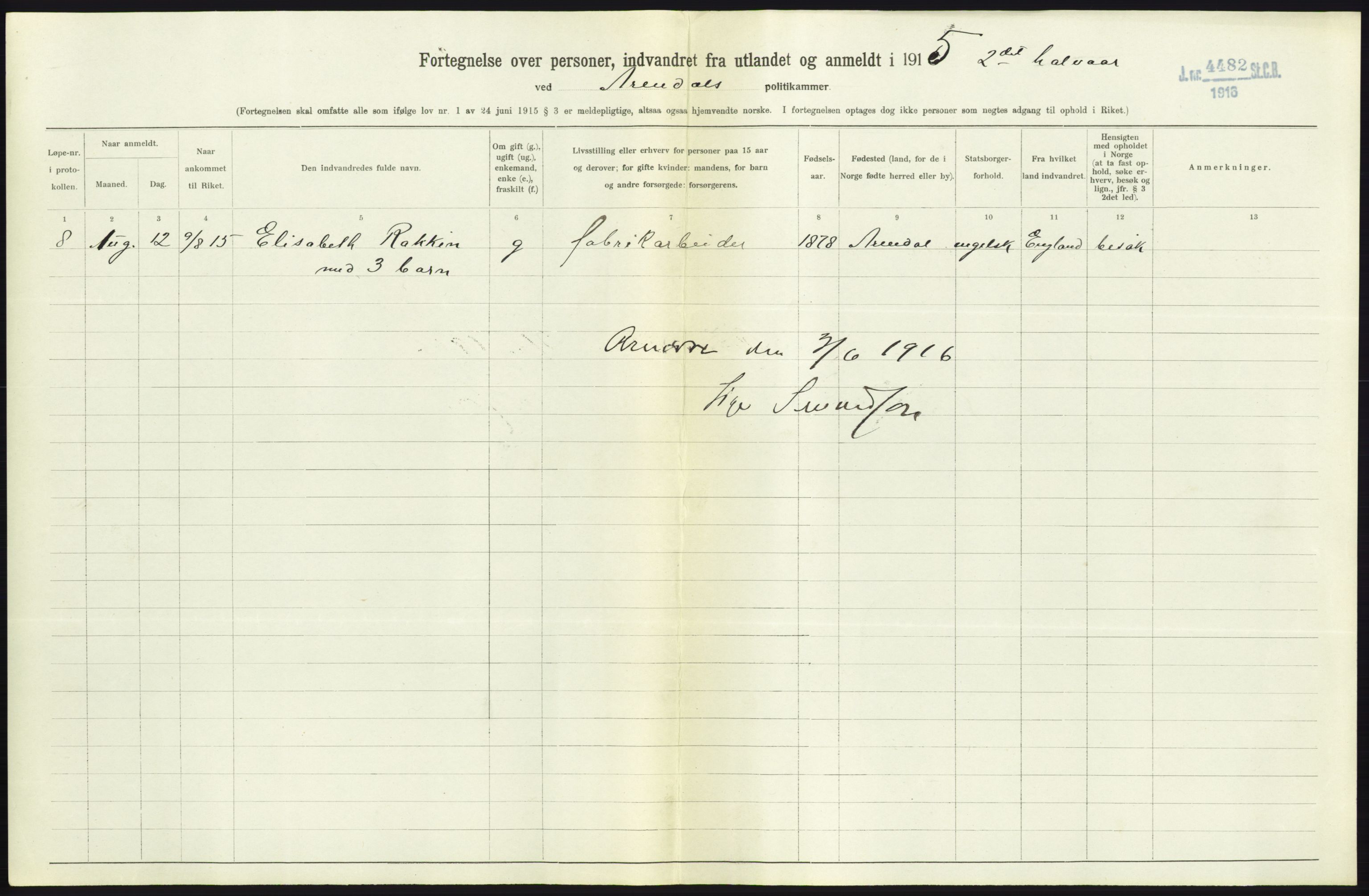 Statistisk sentralbyrå, Sosioøkonomiske emner, Folketellinger, boliger og boforhold, AV/RA-S-2231/F/Fa/L0001: Innvandring. Navn/fylkesvis, 1915, p. 171