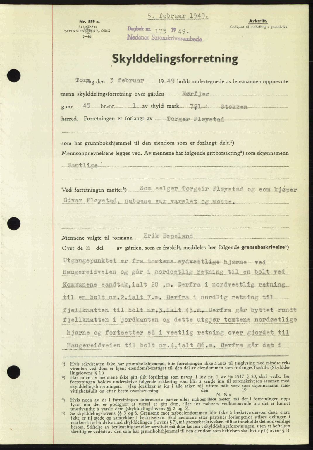 Nedenes sorenskriveri, SAK/1221-0006/G/Gb/Gba/L0060: Mortgage book no. A12, 1948-1949, Diary no: : 175/1949