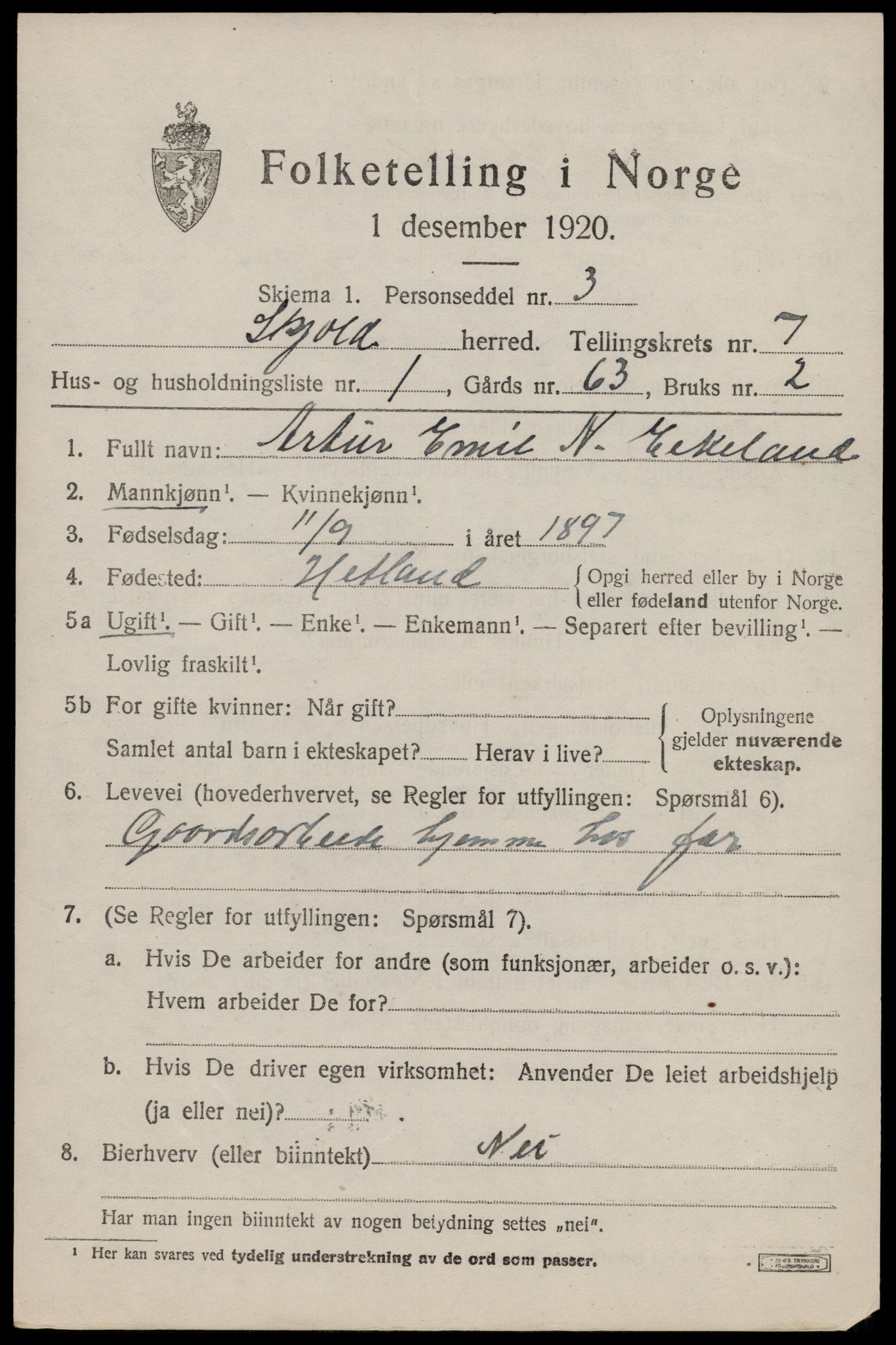 SAST, 1920 census for Skjold, 1920, p. 3892