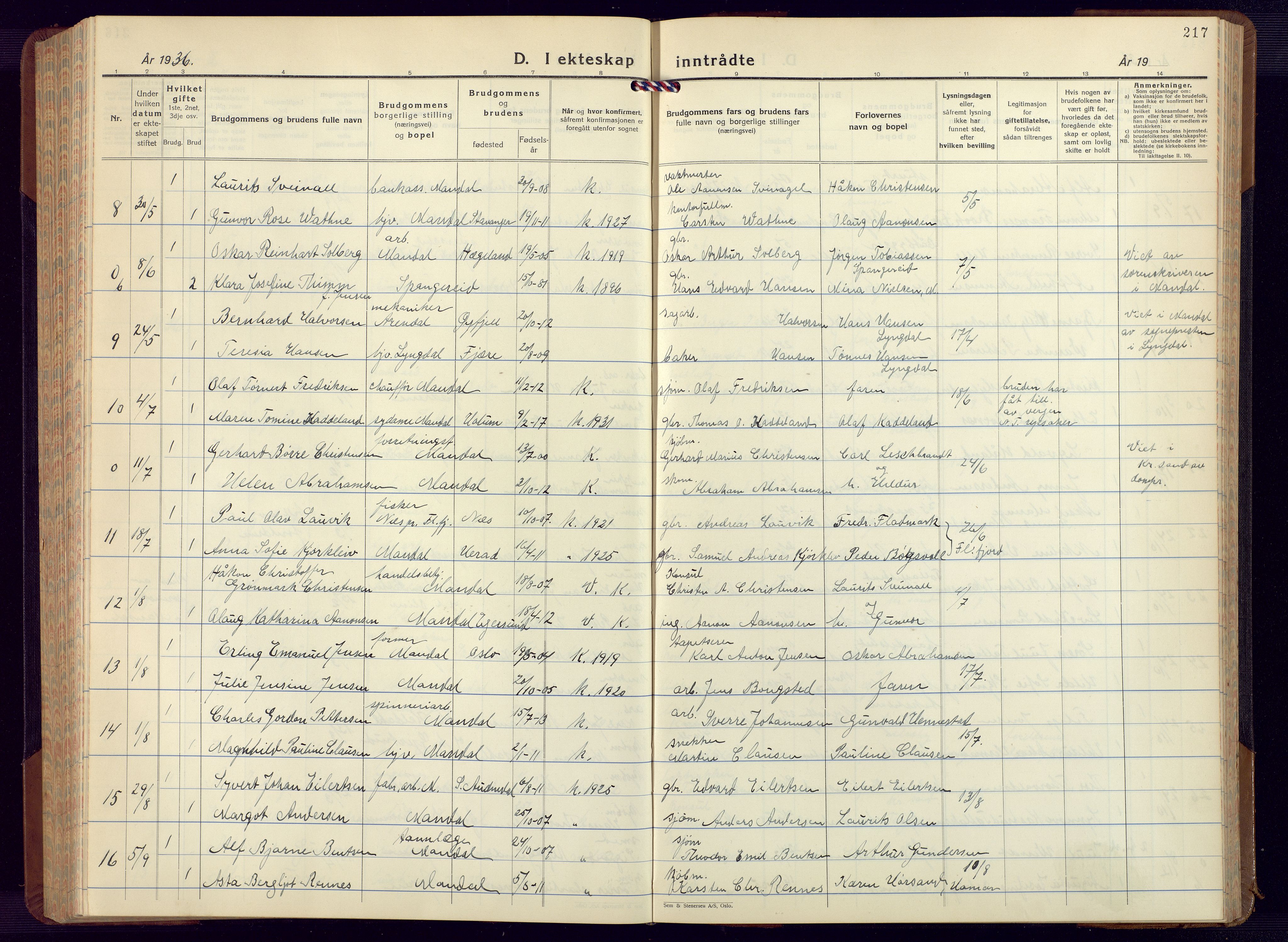 Mandal sokneprestkontor, AV/SAK-1111-0030/F/Fb/Fbc/L0002: Parish register (copy) no. B 2, 1931-1949, p. 217