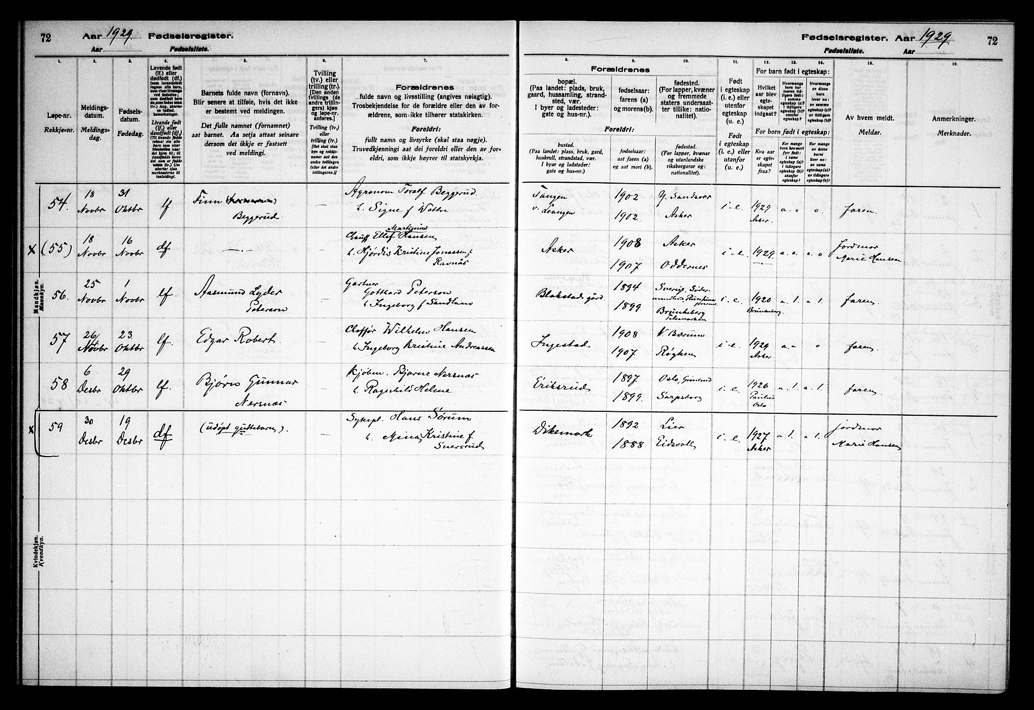 Asker prestekontor Kirkebøker, AV/SAO-A-10256a/J/L0002: Birth register no. 2, 1925-1938, p. 72