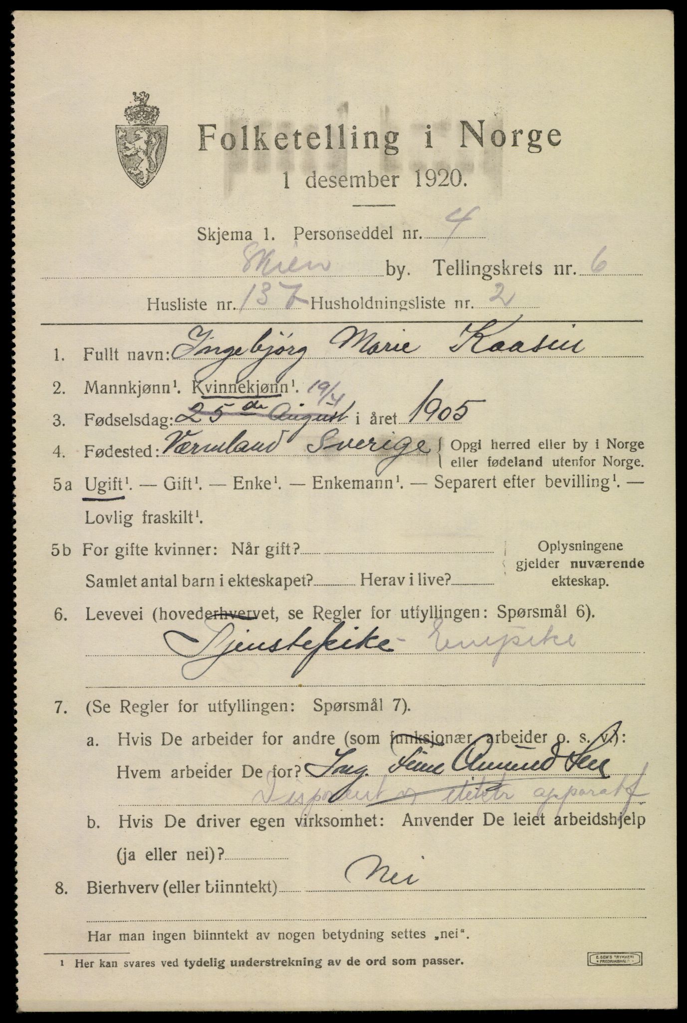 SAKO, 1920 census for Skien, 1920, p. 24352