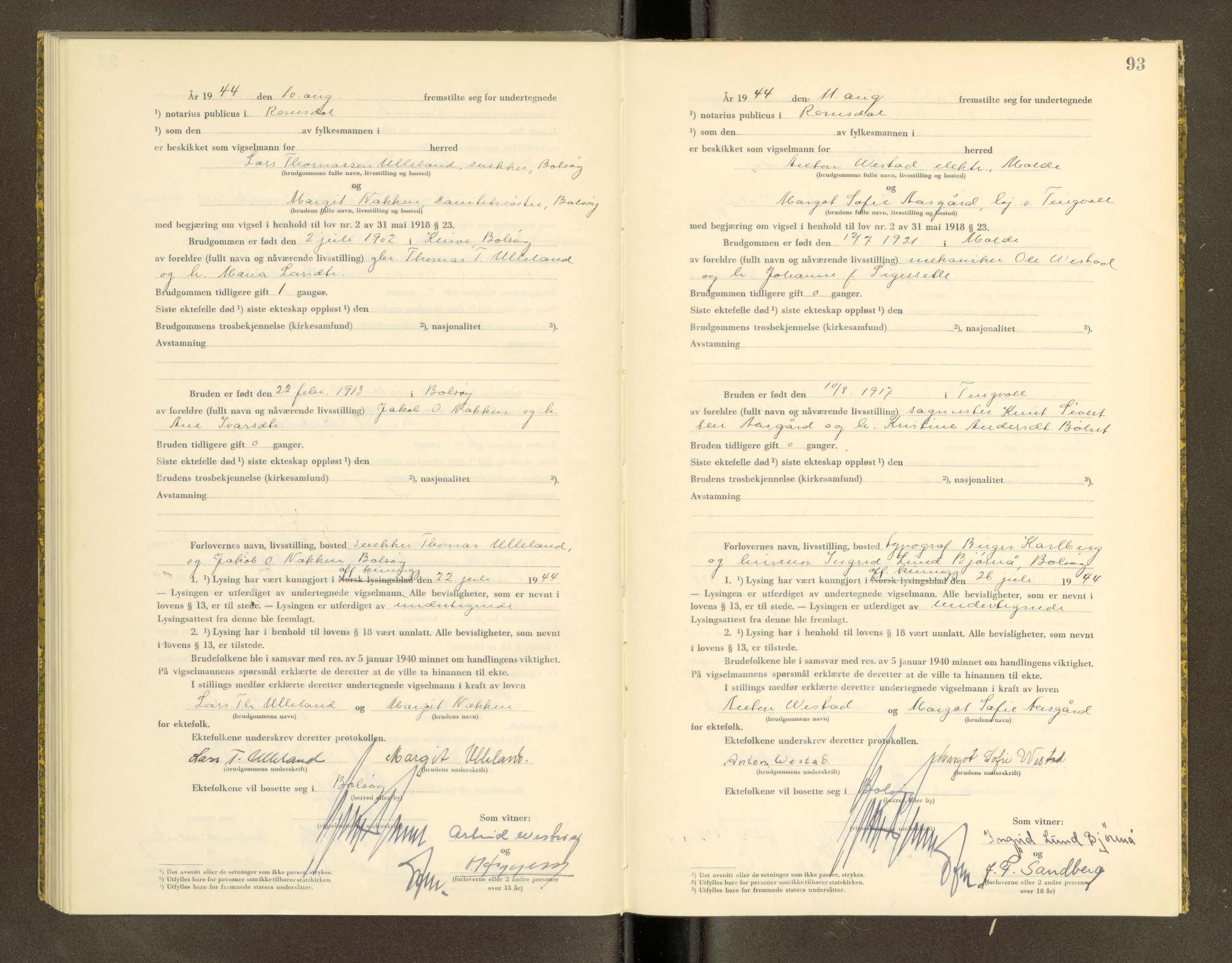 Romsdal sorenskriveri, AV/SAT-A-4149/1/6/6D/L0007: Vigselbok, 1943-1944, p. 93