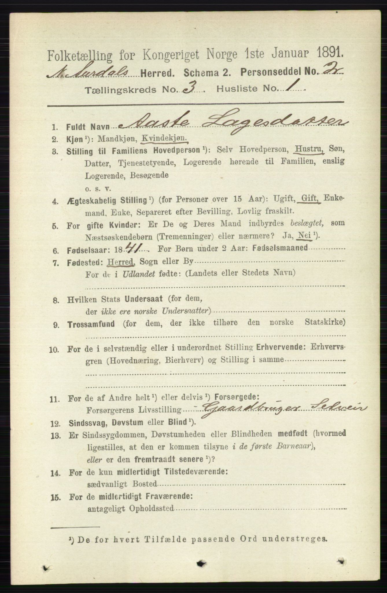 RA, 1891 census for 0542 Nord-Aurdal, 1891, p. 958