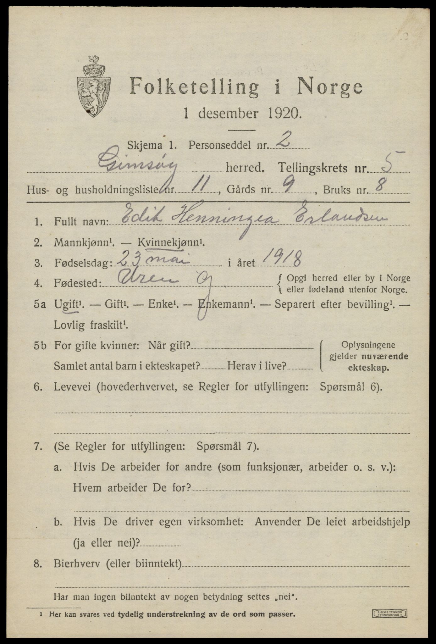 SAT, 1920 census for Gimsøy, 1920, p. 2669