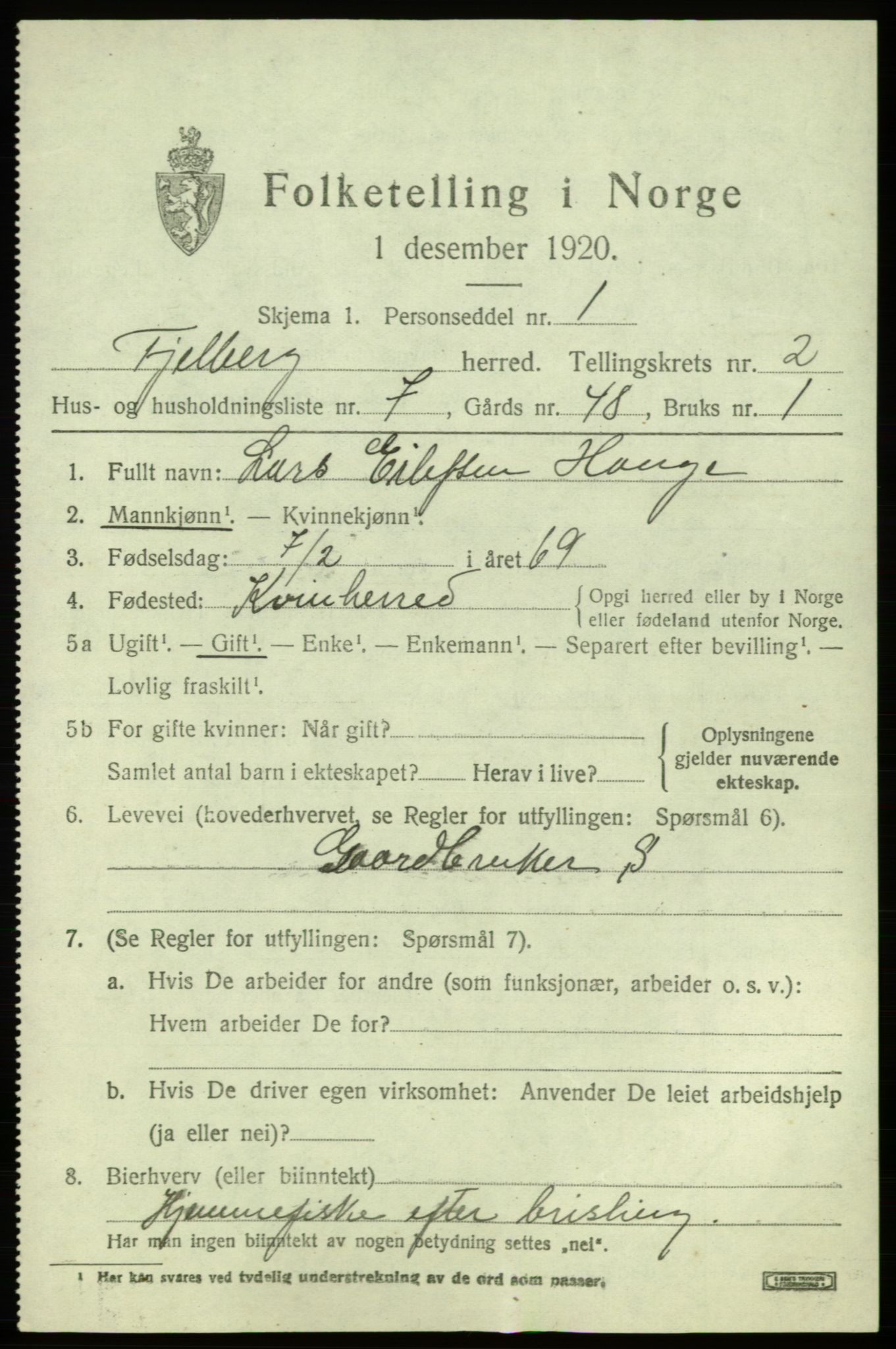 SAB, 1920 census for Fjelberg, 1920, p. 945