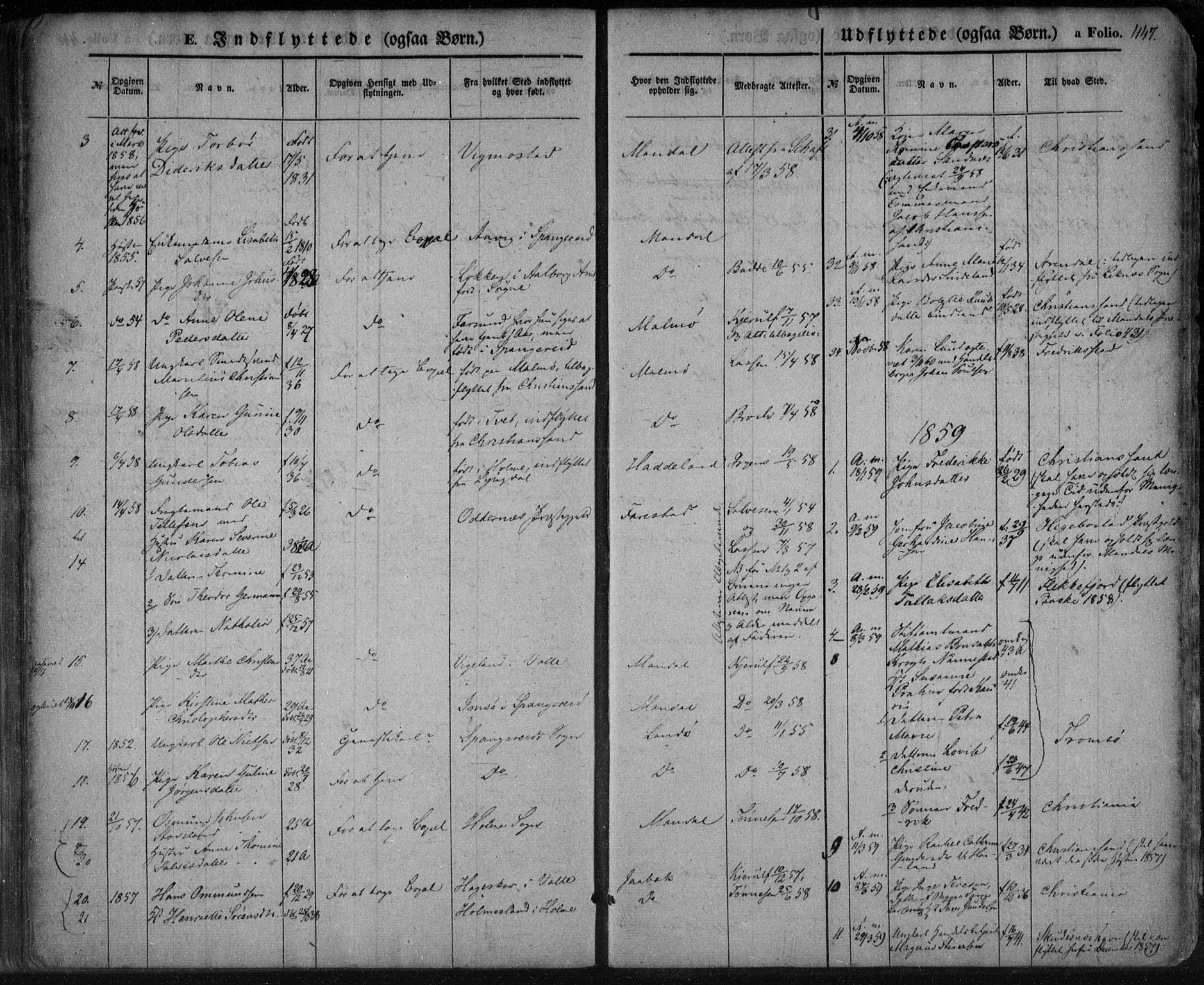 Mandal sokneprestkontor, SAK/1111-0030/F/Fa/Faa/L0013: Parish register (official) no. A 13, 1847-1859, p. 447