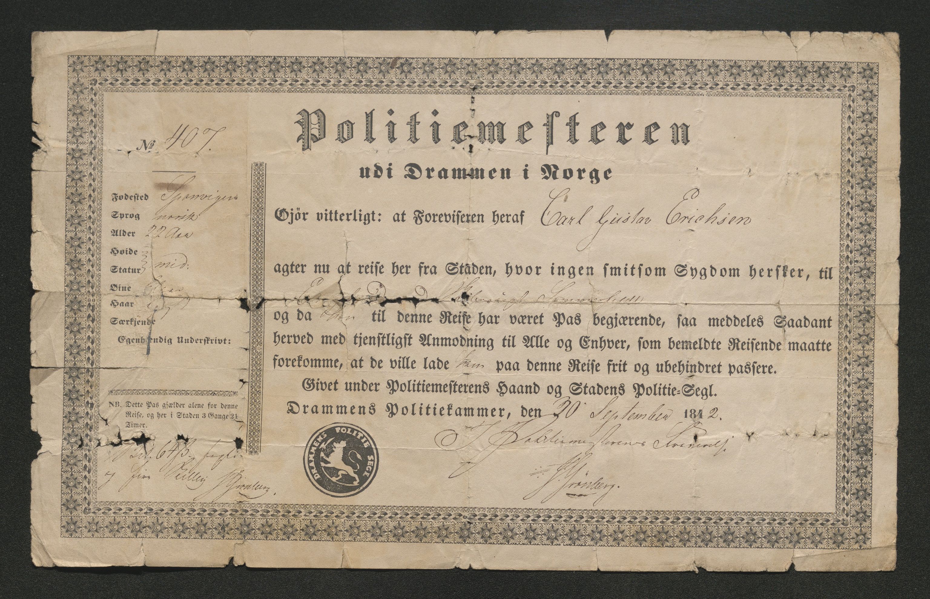 Drammen politikammer, AV/SAKO-A-623/I/Ia/Iab/L0007: Innleverte pass, 1843-1844, p. 133
