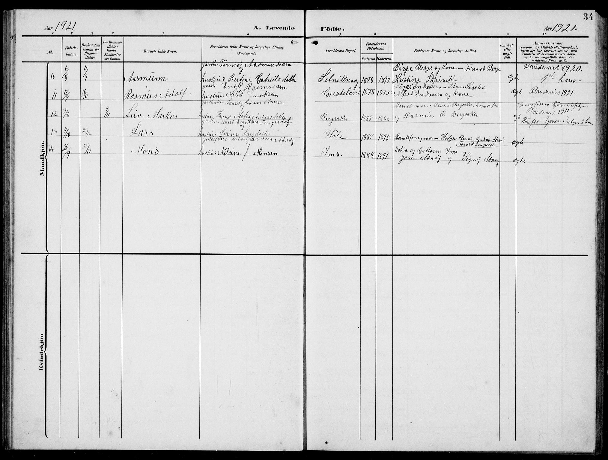 Høgsfjord sokneprestkontor, AV/SAST-A-101624/H/Ha/Hab/L0004: Parish register (copy) no. B 4, 1906-1938, p. 34