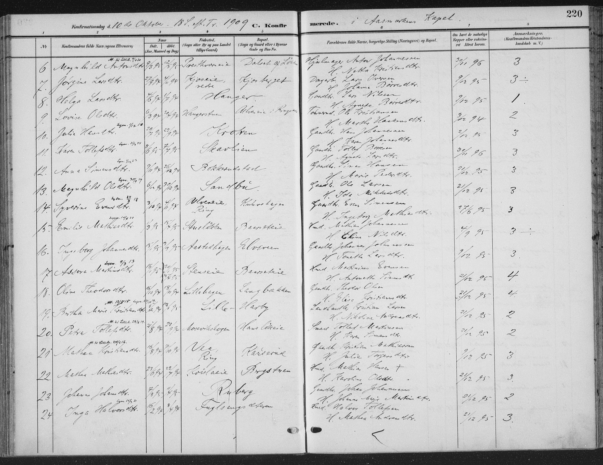 Ringsaker prestekontor, SAH/PREST-014/K/Ka/L0018: Parish register (official) no. 18, 1903-1912, p. 220