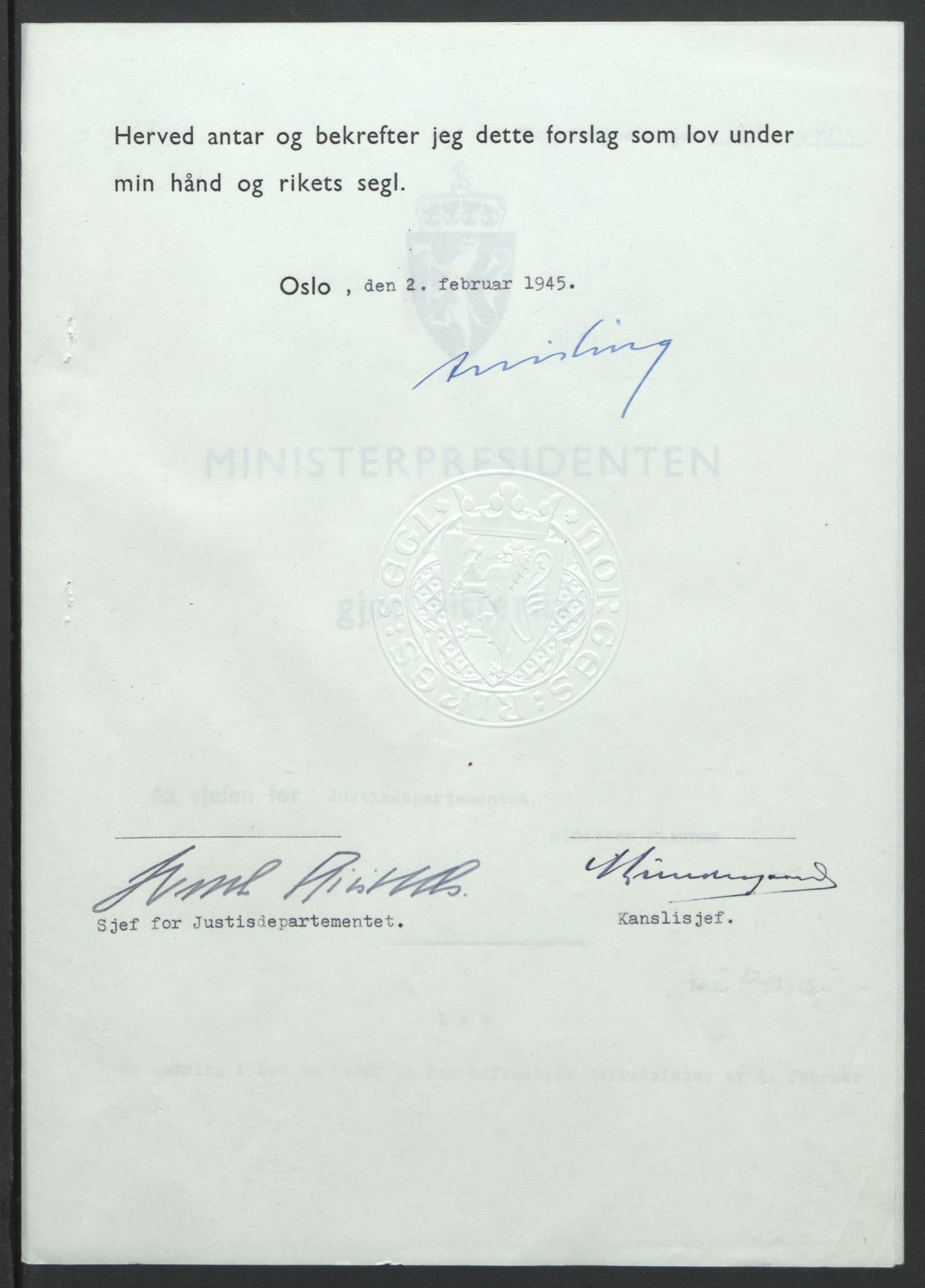 NS-administrasjonen 1940-1945 (Statsrådsekretariatet, de kommisariske statsråder mm), AV/RA-S-4279/D/Db/L0101/0001: -- / Lover og vedtak, 1945, p. 52