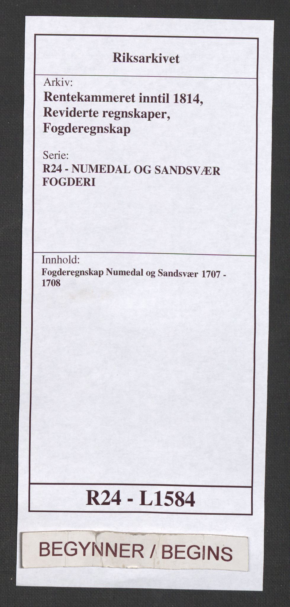 Rentekammeret inntil 1814, Reviderte regnskaper, Fogderegnskap, AV/RA-EA-4092/R24/L1584: Fogderegnskap Numedal og Sandsvær, 1707-1708, p. 1