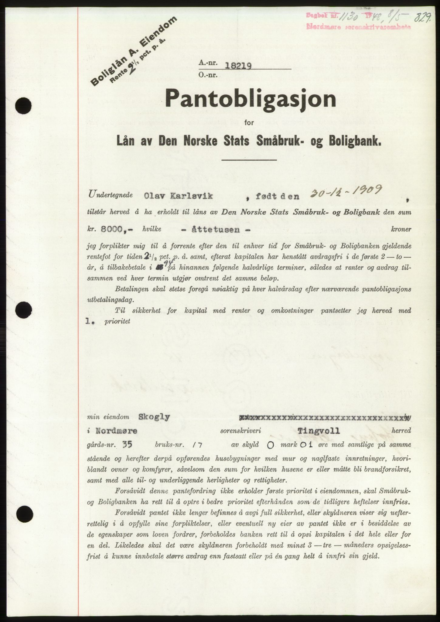 Nordmøre sorenskriveri, AV/SAT-A-4132/1/2/2Ca: Mortgage book no. B98, 1948-1948, Diary no: : 1130/1948