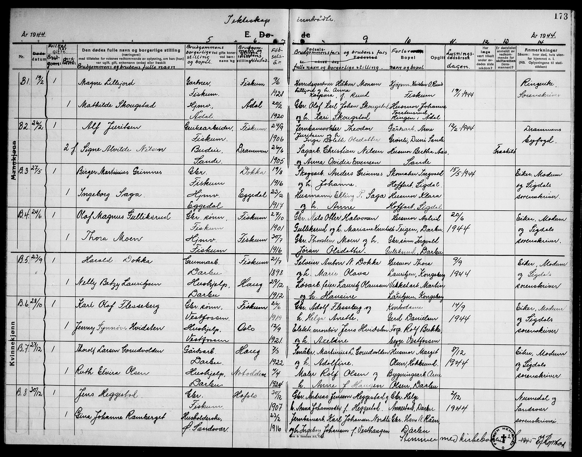 Fiskum kirkebøker, AV/SAKO-A-15/G/Ga/L0007: Parish register (copy) no. 7, 1928-1945, p. 173