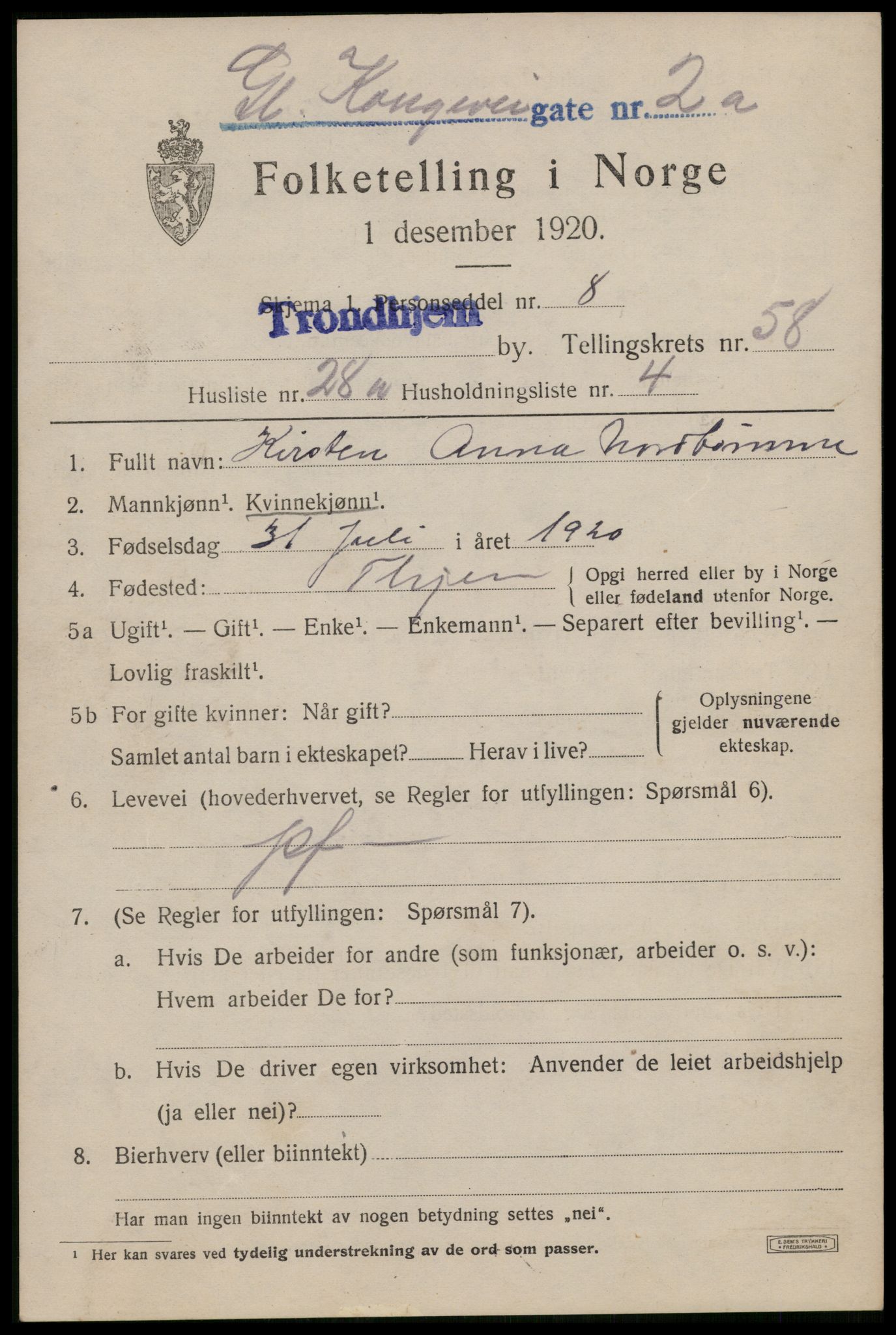 SAT, 1920 census for Trondheim, 1920, p. 118276