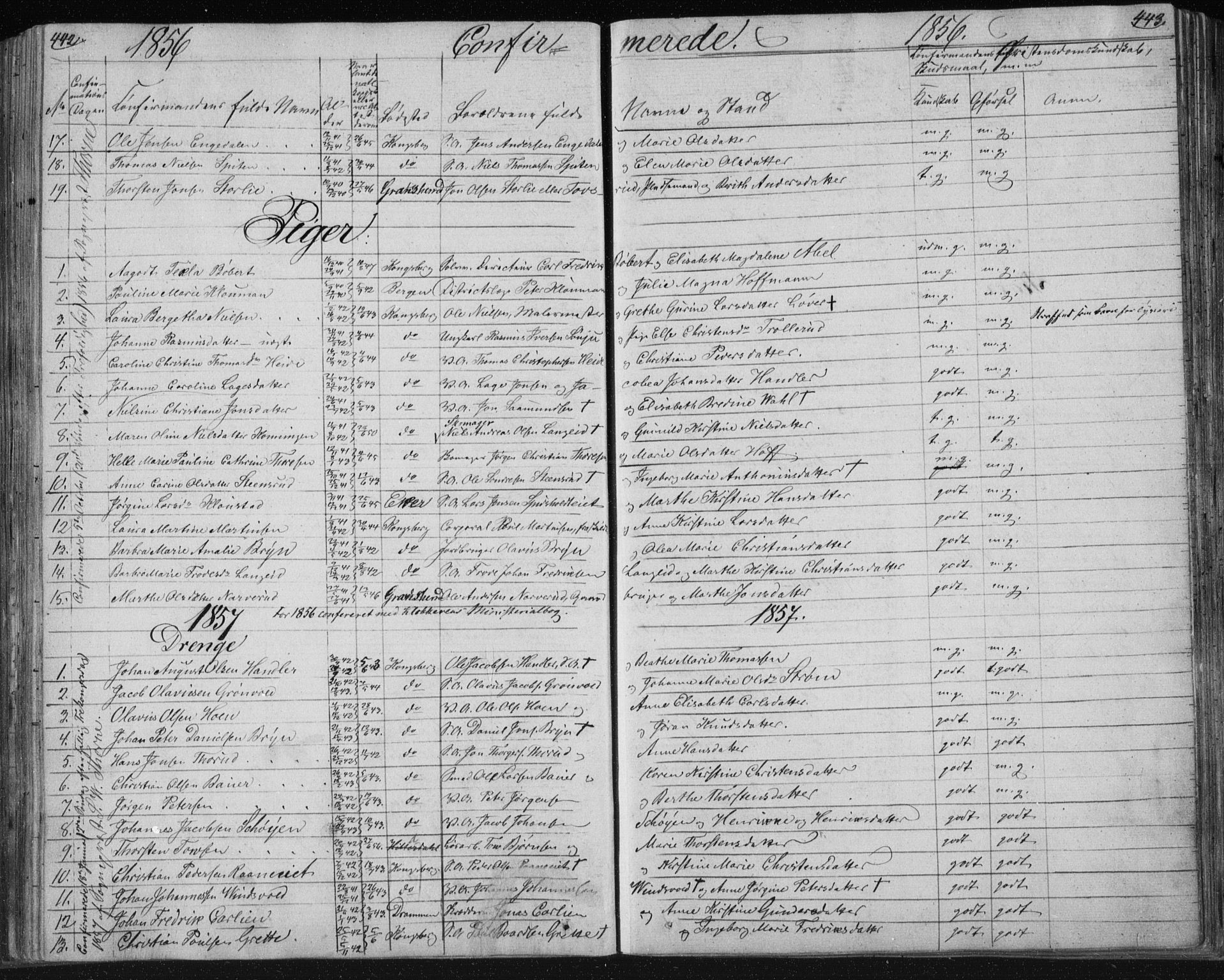 Kongsberg kirkebøker, SAKO/A-22/F/Fa/L0009: Parish register (official) no. I 9, 1839-1858, p. 442-443