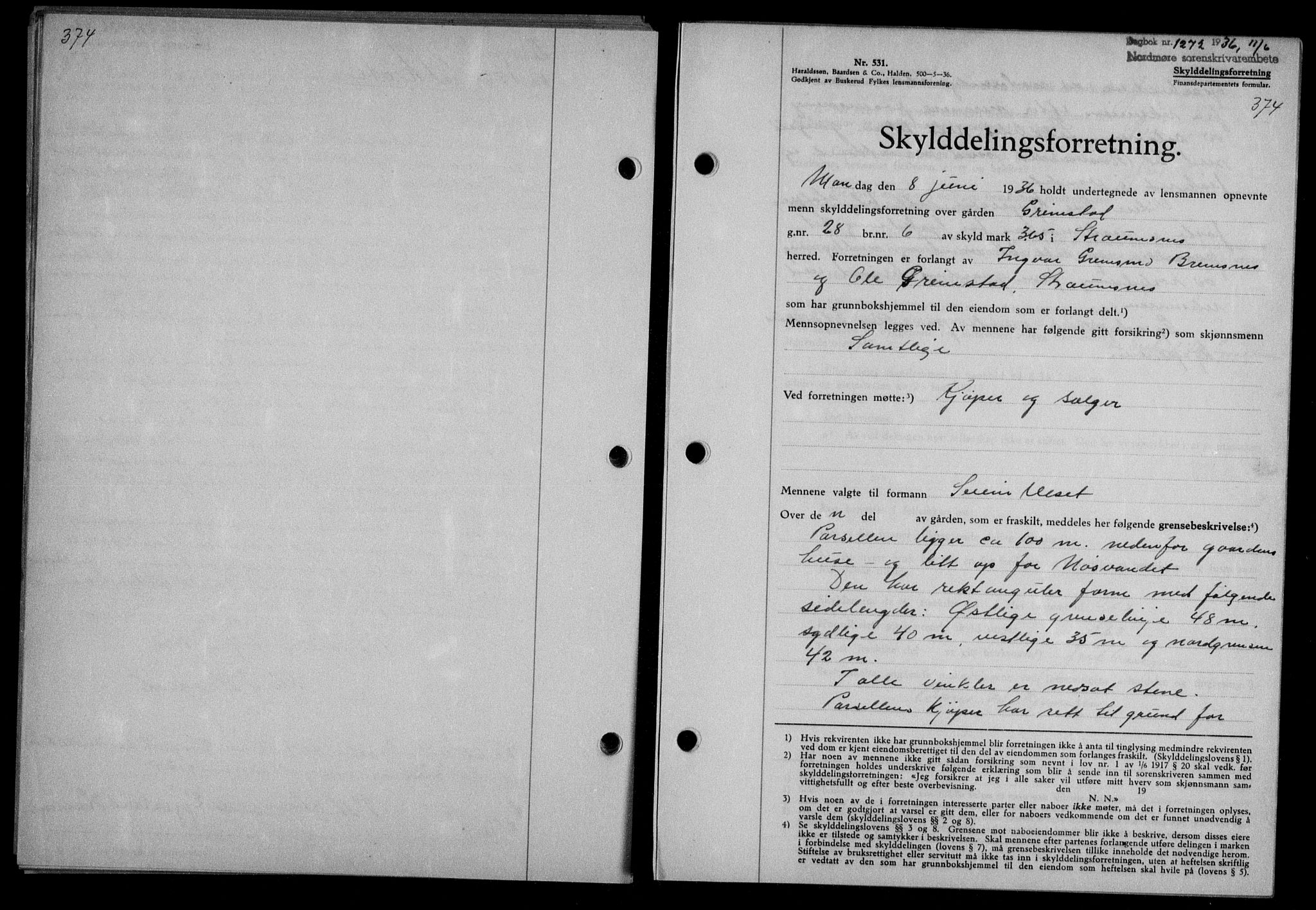 Nordmøre sorenskriveri, AV/SAT-A-4132/1/2/2Ca/L0088: Mortgage book no. 78, 1936-1936, Diary no: : 1272/1936