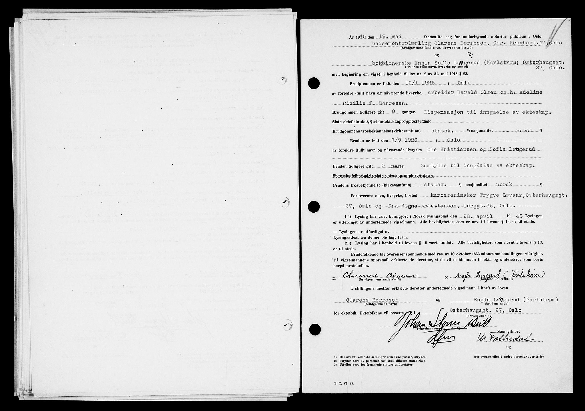 Oslo byfogd avd. I, SAO/A-10220/L/Lb/Lbb/L0053: Notarialprotokoll, rekke II: Vigsler, 1945