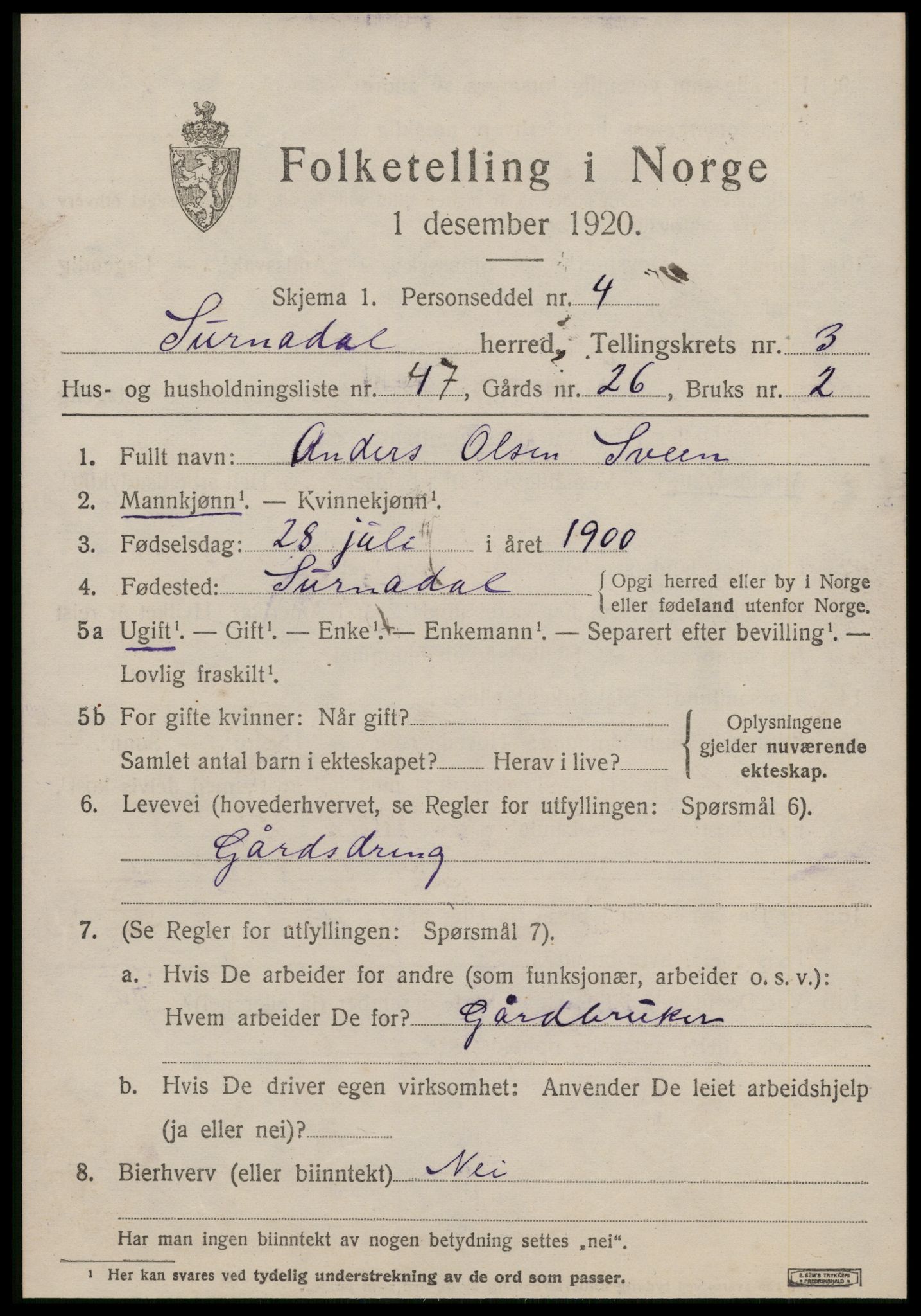 SAT, 1920 census for Surnadal, 1920, p. 3095