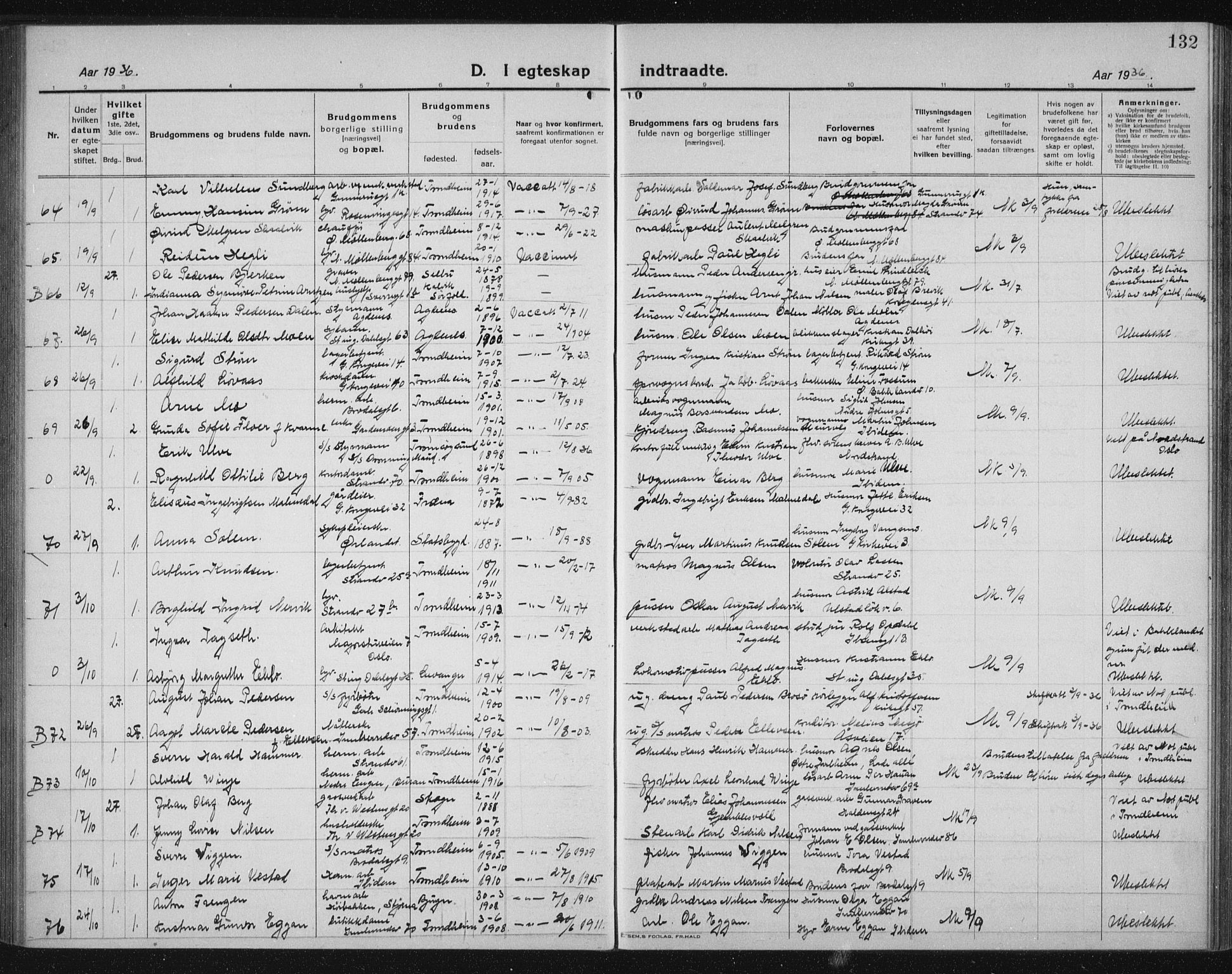 Ministerialprotokoller, klokkerbøker og fødselsregistre - Sør-Trøndelag, AV/SAT-A-1456/605/L0260: Parish register (copy) no. 605C07, 1922-1942, p. 132